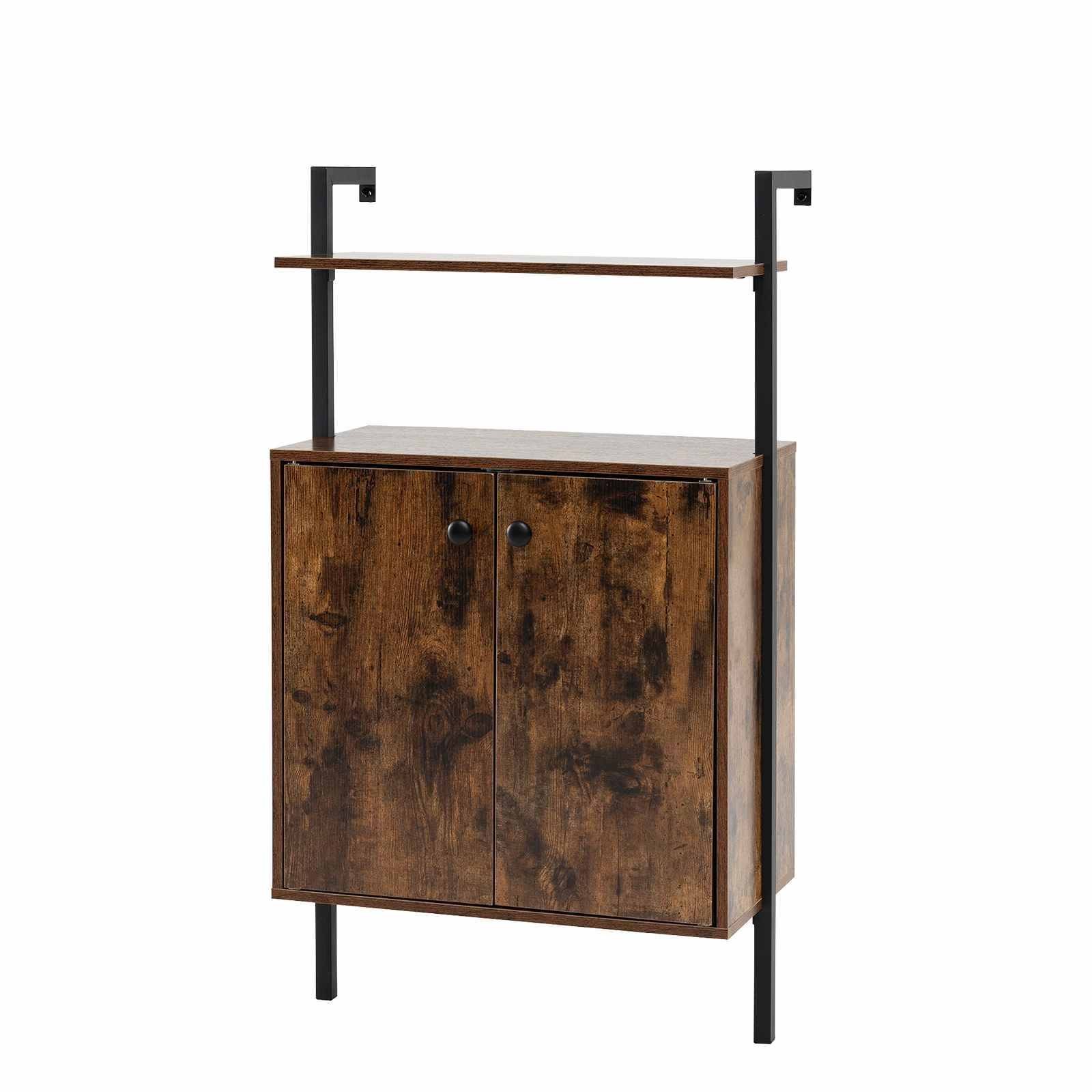 1 Costway Wall Mount Bookcase 4-Tier Bookshelf Double-Door Cabinet Metal Display Storage Shelf - Brown, 1 of 4