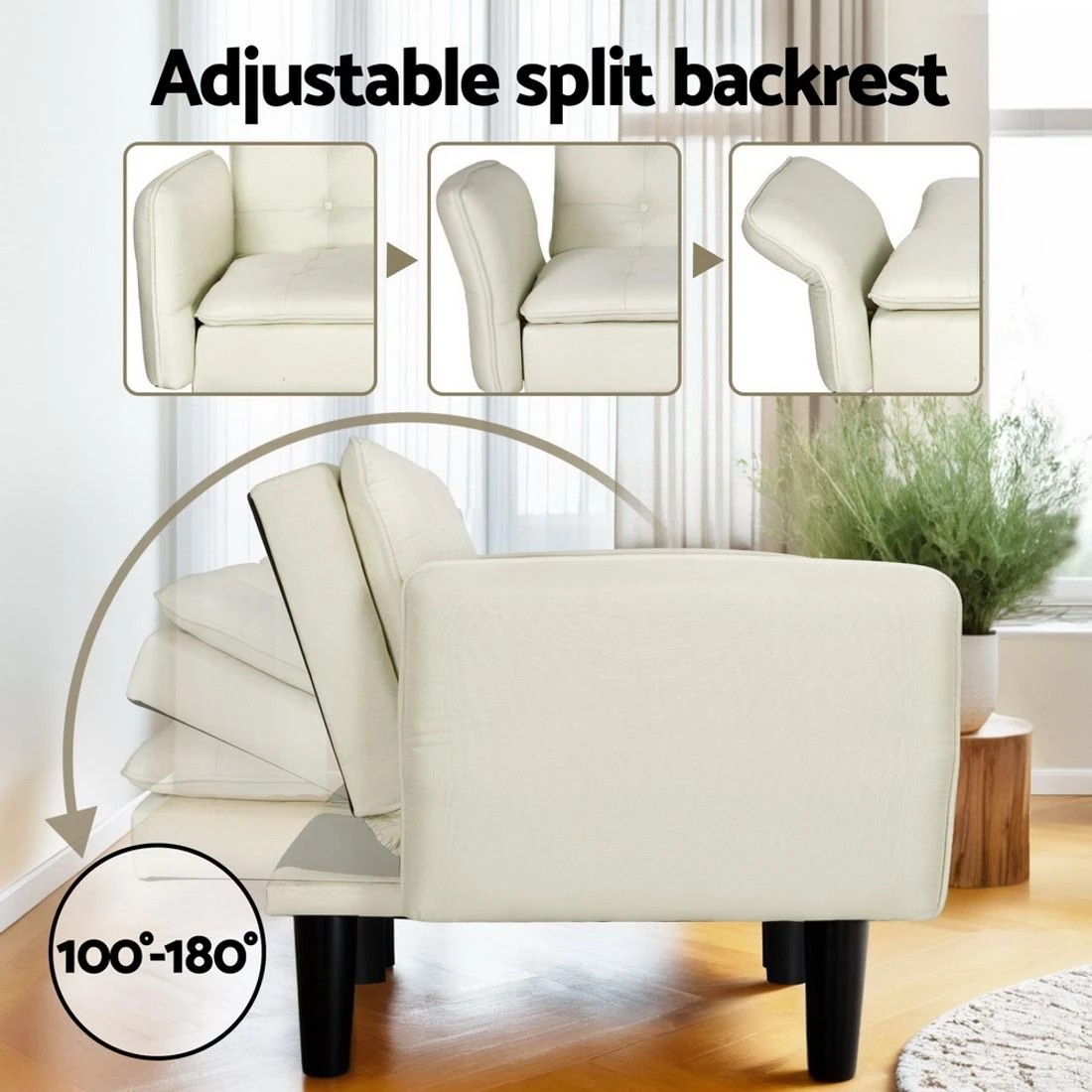 4 Artiss Sofa Bed 3 Seater Tufted Faux Line - White, 4 of 6