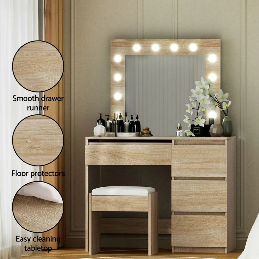 4 Artiss Dressing Table Set Stool 12 Led Bulbs - Natural, 4 of 4