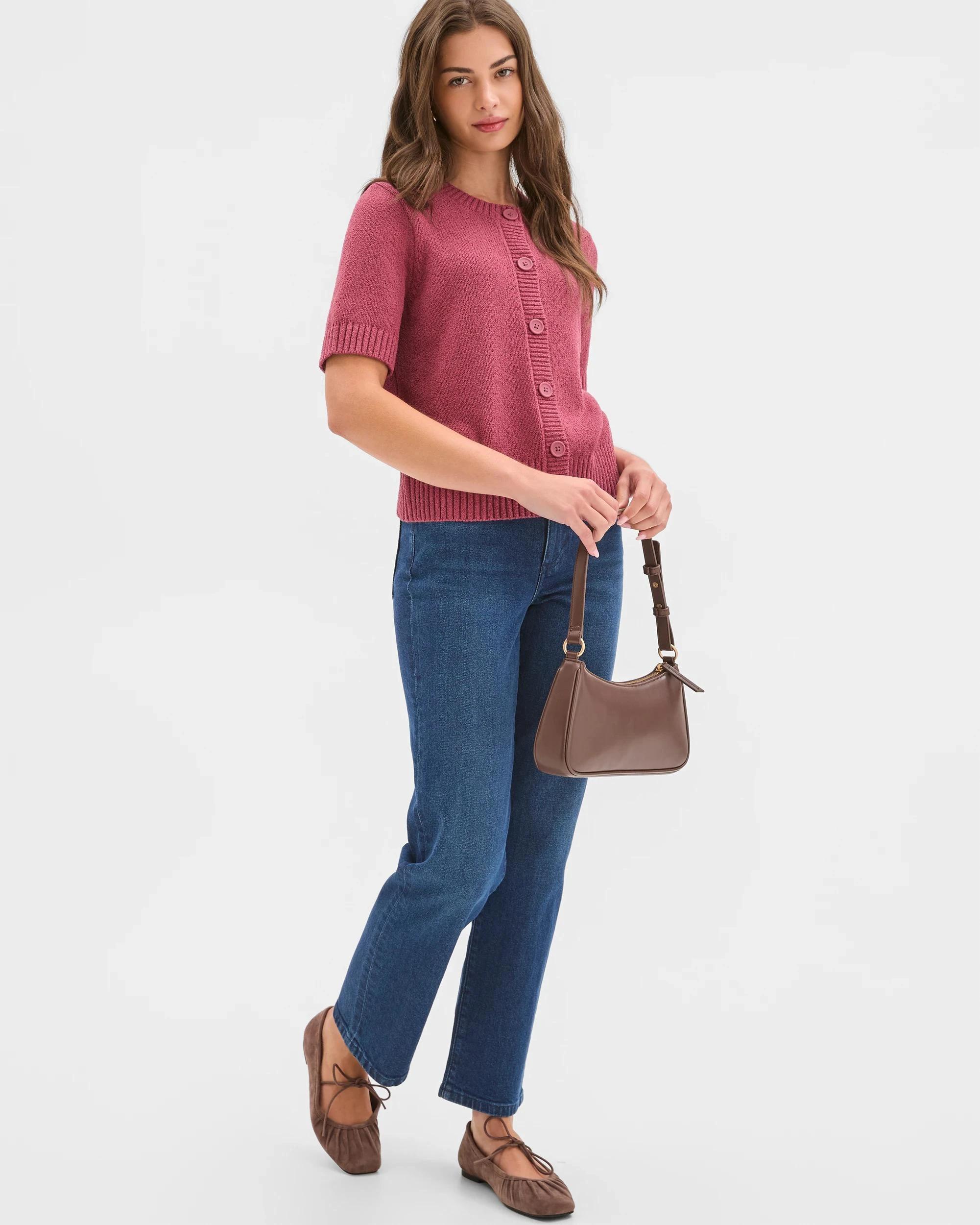 1 Target Petites Petites Australian Cotton Blend Short Sleeve Mini Boucle Cardigan MULBERRY, 1 of 6