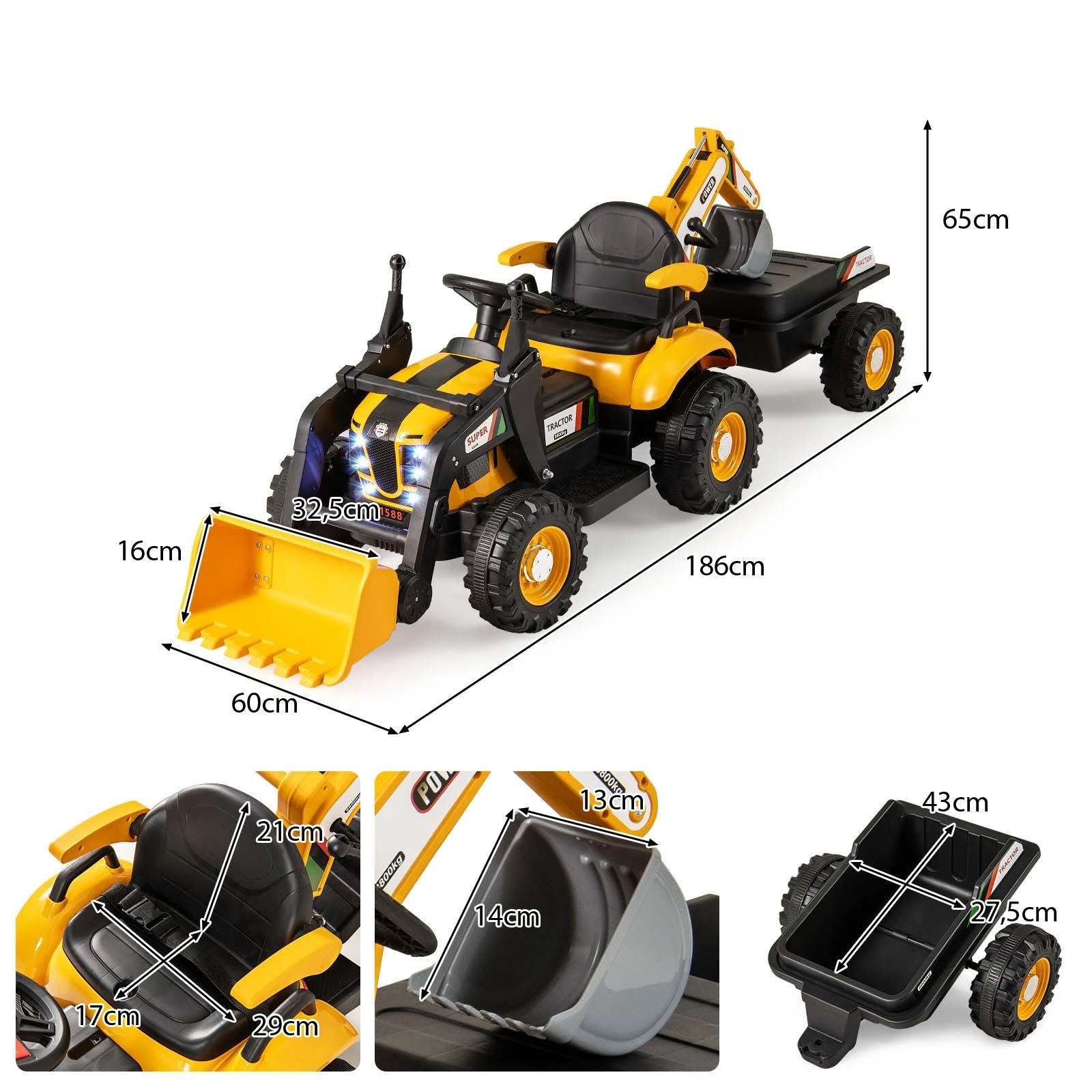 2 Costway 4 in 1 Ride On 12V Electric Excavator Toy Tractor Bulldozer - Yellow, 2 of 2