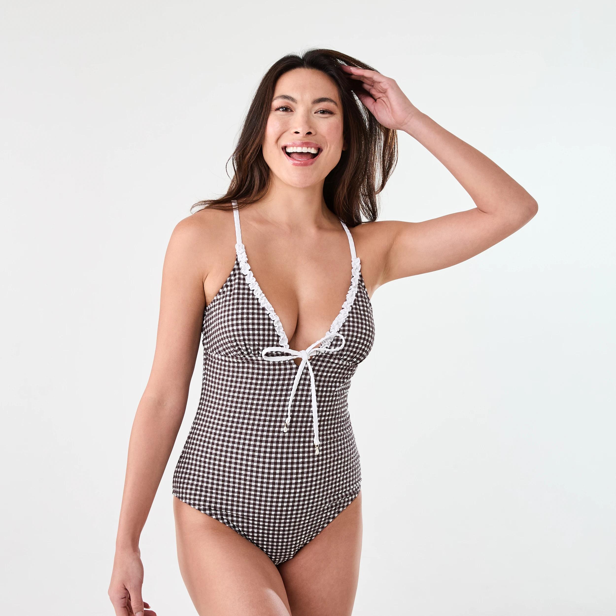 1 Gingham Frill Trim One Piece Swimsuit BROWN GINGHAM, 1 of 6