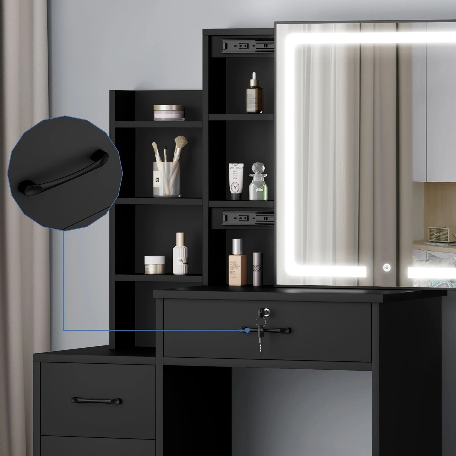 3 Alfordson Dressing Table Stool Set Makeup Mirror Vanity Desk Drawers - Black, 3 of 10