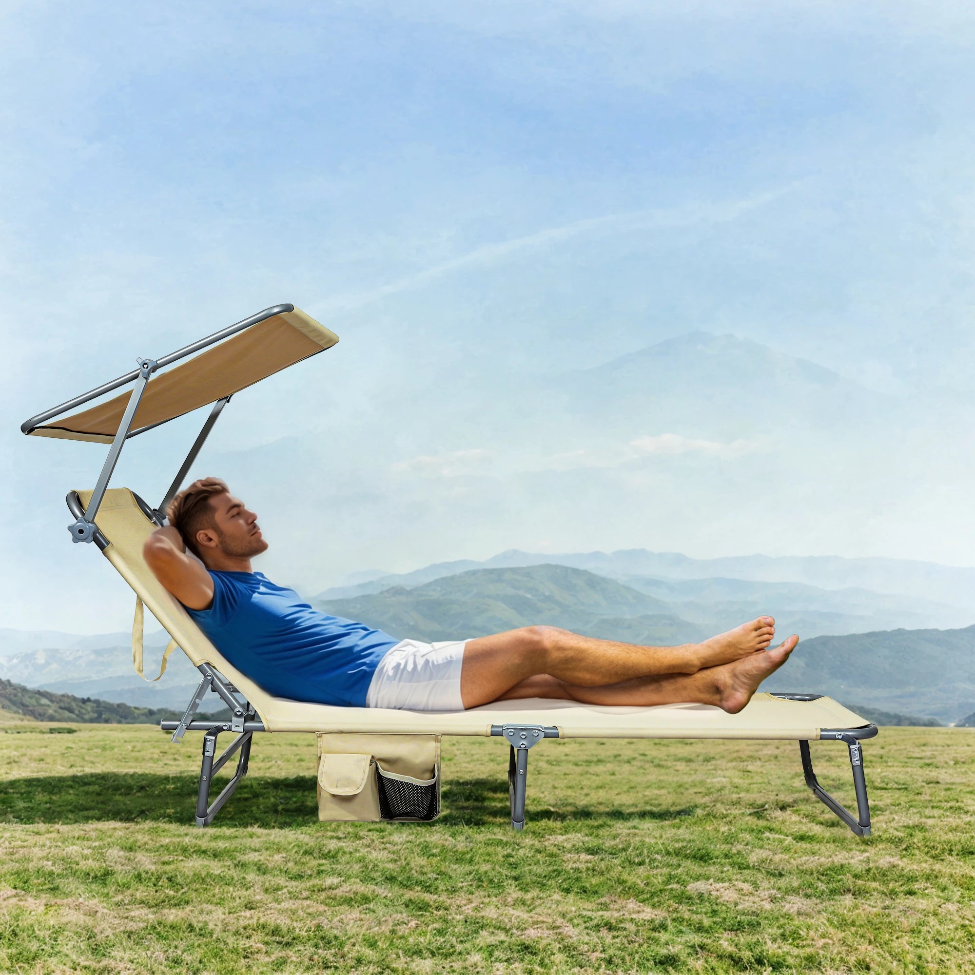 8 Levede Reclining Lounge Folding Sun Beach Chair with Canopy - Beige, 8 of 9