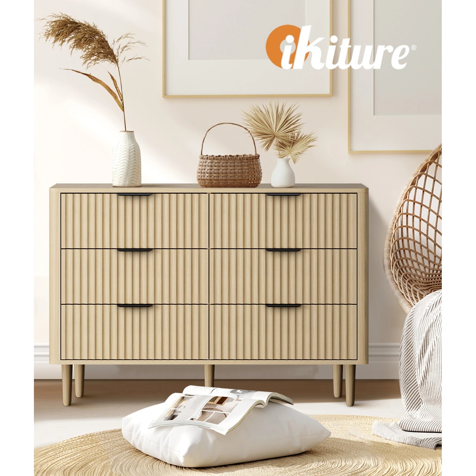 5 Oikiture 6 Chest Of Drawers Storage Cabinet Dressers Lowboy Stripe
 - Natural, 5 of 9