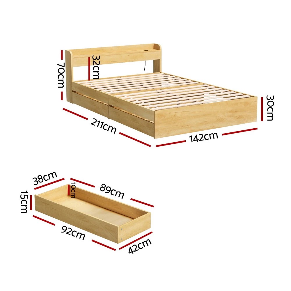 2 Artiss Bed Frame Double Size with Charging Ports and 2 Drawers AURA - Natural, 2 of 7