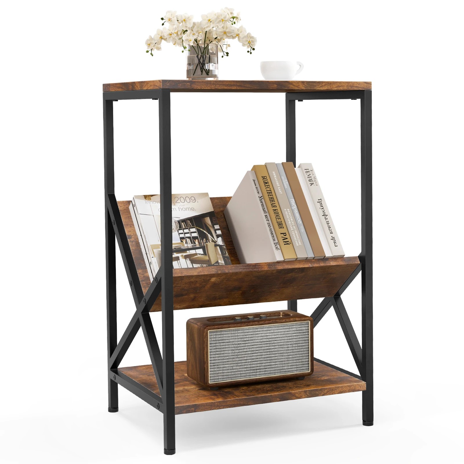 5 Costway 3-Tier Side Table Record Player Stand w/Magazine Holder & Open Shelves, 5 of 5