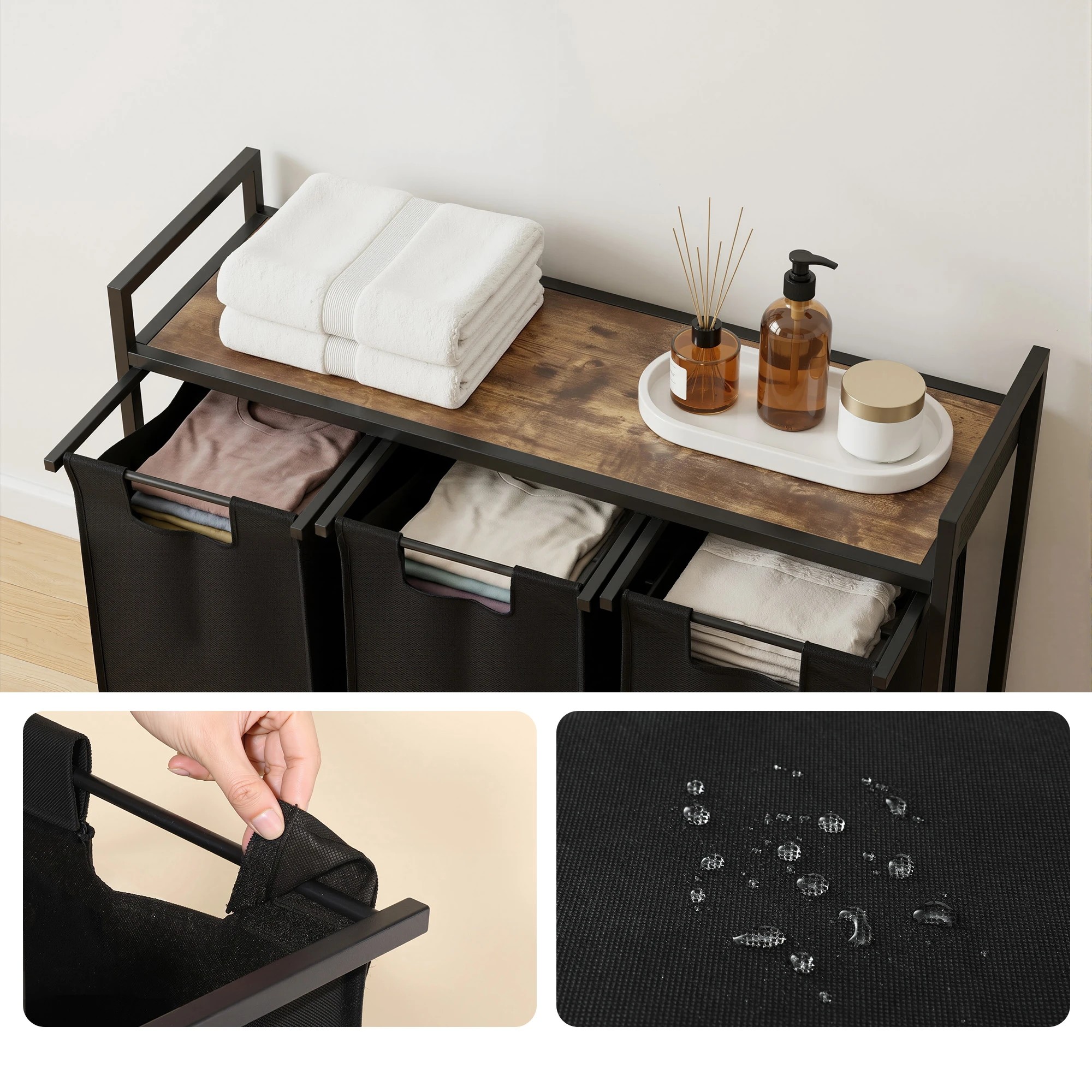 6 Artiss Laundry Basket with 3x45L Pull-out Removable Bags Metal Frame - Black, 6 of 9