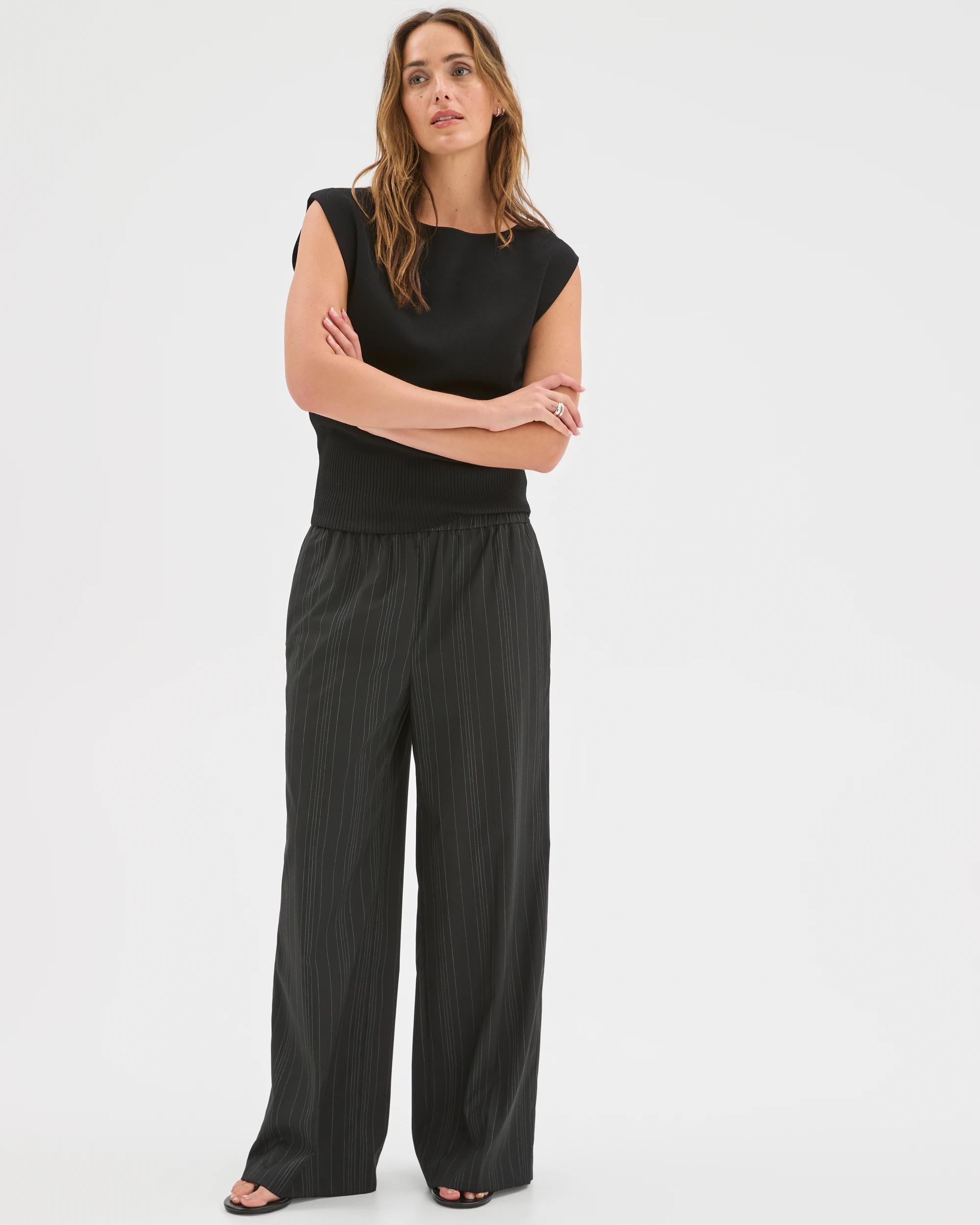 2 Preview Elastic Waist Tailored Pants BLACK BROKEN STRIPE, 2 of 7