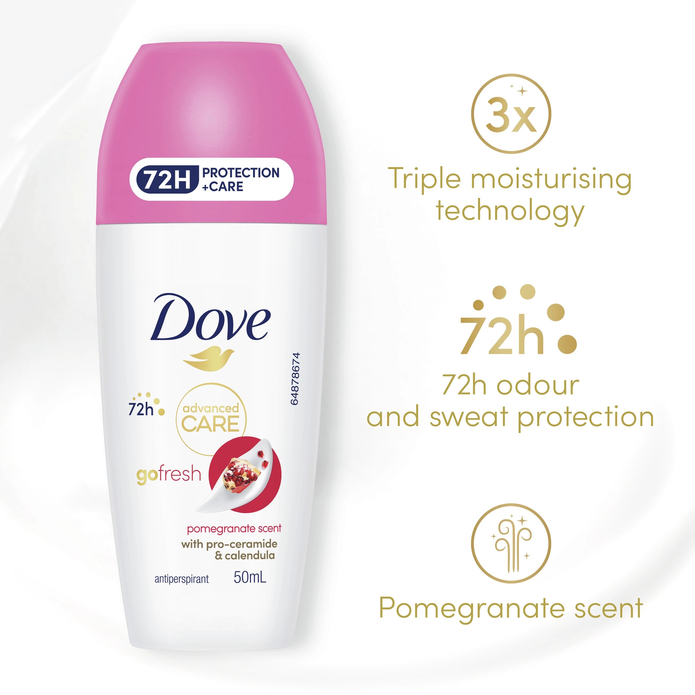 3 Dove Advanced Care Go Fresh Antiperspirant Deodorant Roll-On 50ml - Pro-Ceramide and Calendula, Pomegranate Scent, 3 of 6