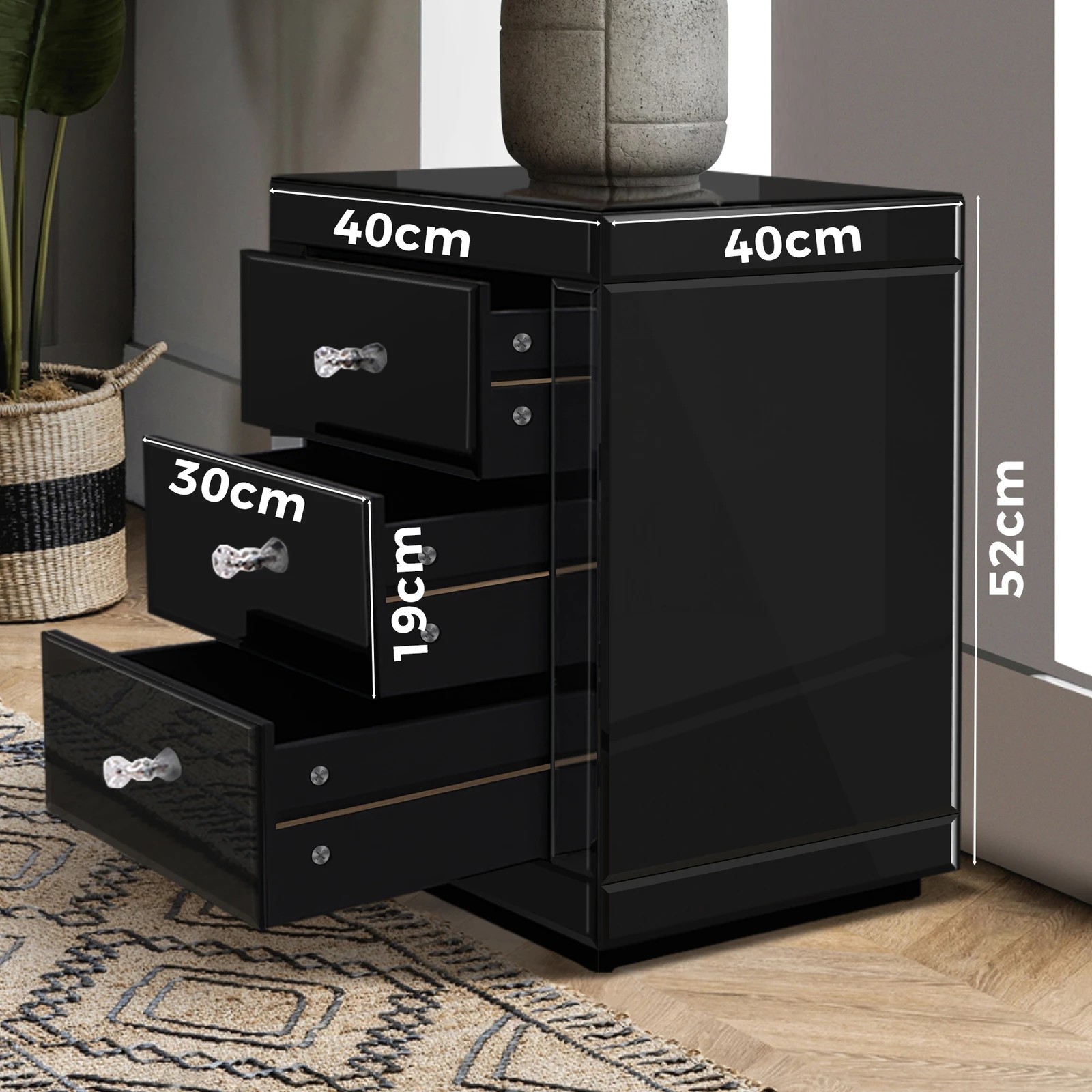 6 Alfordson Bedside Table Mirrored Cabinet Nightstand Side End Table Drawers - Black, 6 of 10