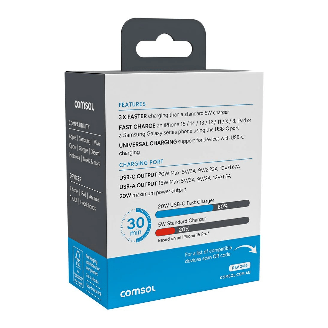 3 Comsol 20W Dual Port Wall Charger White, 3 of 5