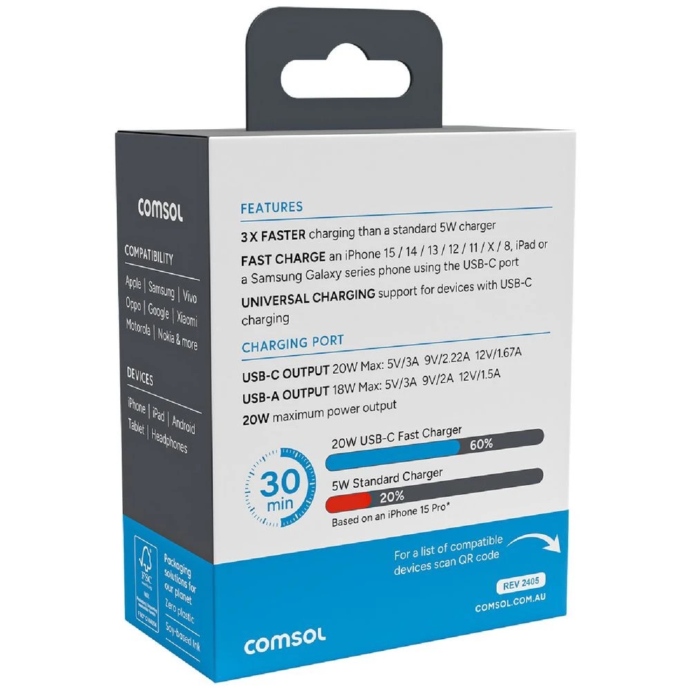 3 Comsol 20W Dual Port Wall Charger White, 3 of 5