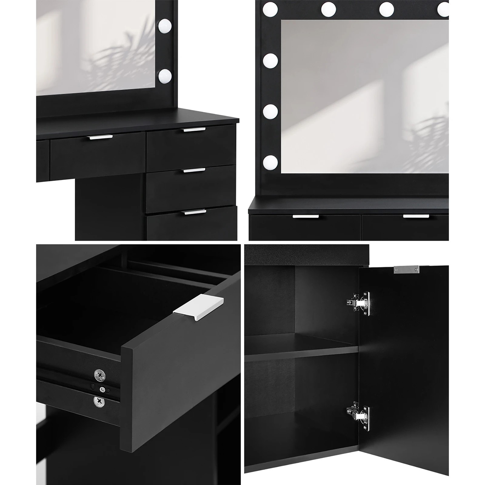 4 Oikiture Dressing Table Stool Set Makeup Large Mirror Dresser 12 Led Bulbs
 - Black, 4 of 9