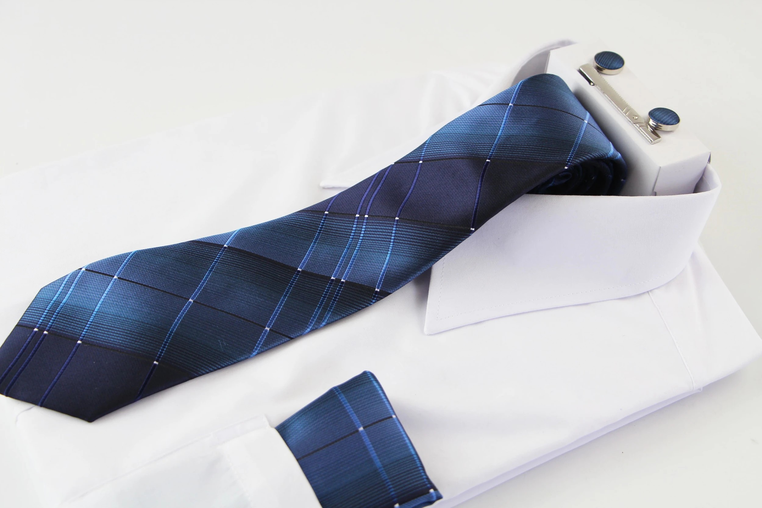 1 Zasel Mens Ocean Blue Checkered Matching Neck Tie, Pocket Square, Cuff Links And Tie Clip Set - Multi, 1 of 3