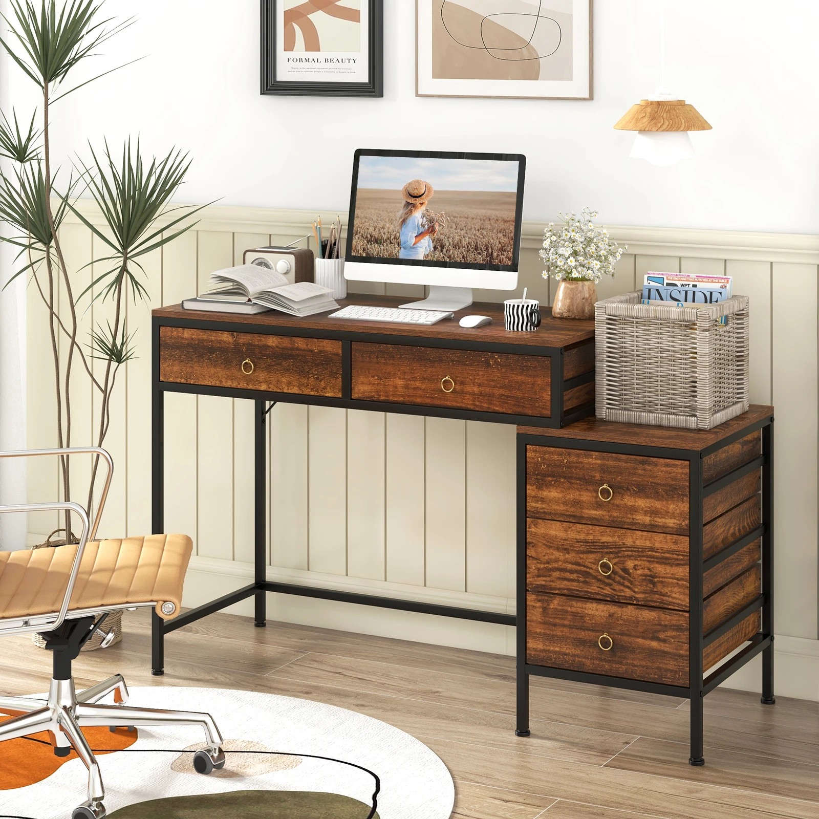 3 Costway 130cm 5 Drawers Vintage Gaming Computer Desk Metal Frame Table, 3 of 5