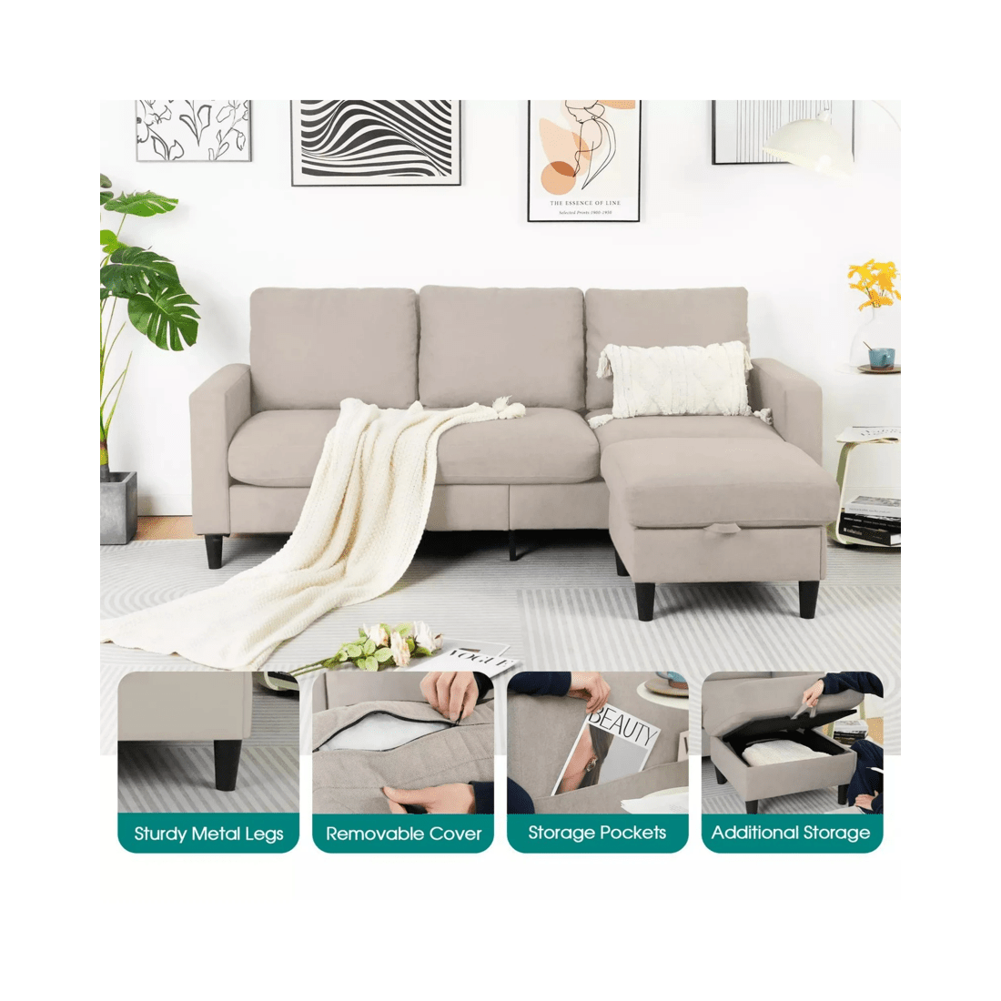 5 Advwin 3 Seater Sofa Modular Lounge Chaise Set With Storage Ottoman Beige, 5 of 10