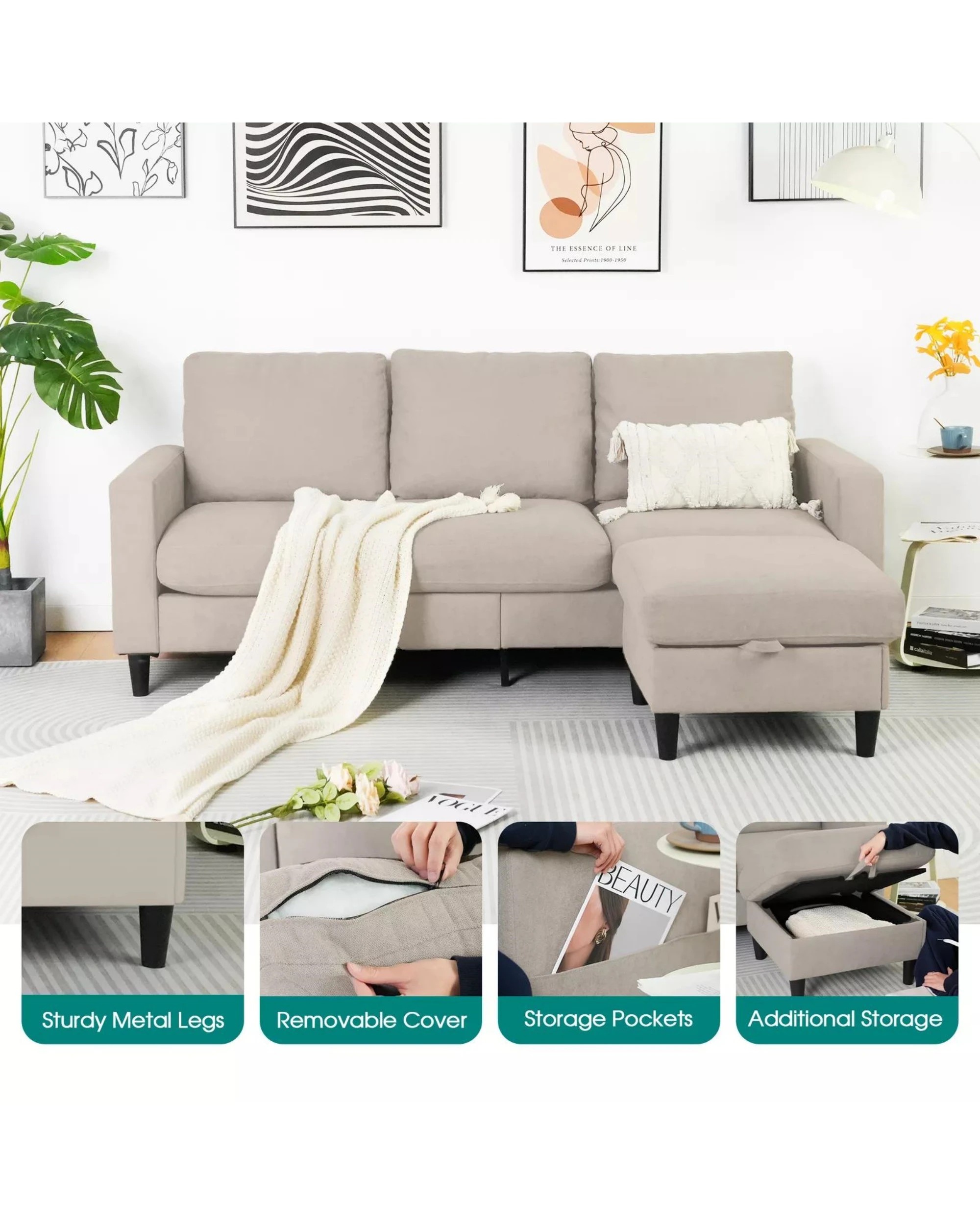 5 Advwin 3 Seater Sofa Modular Lounge Chaise Set With Storage Ottoman Beige, 5 of 10