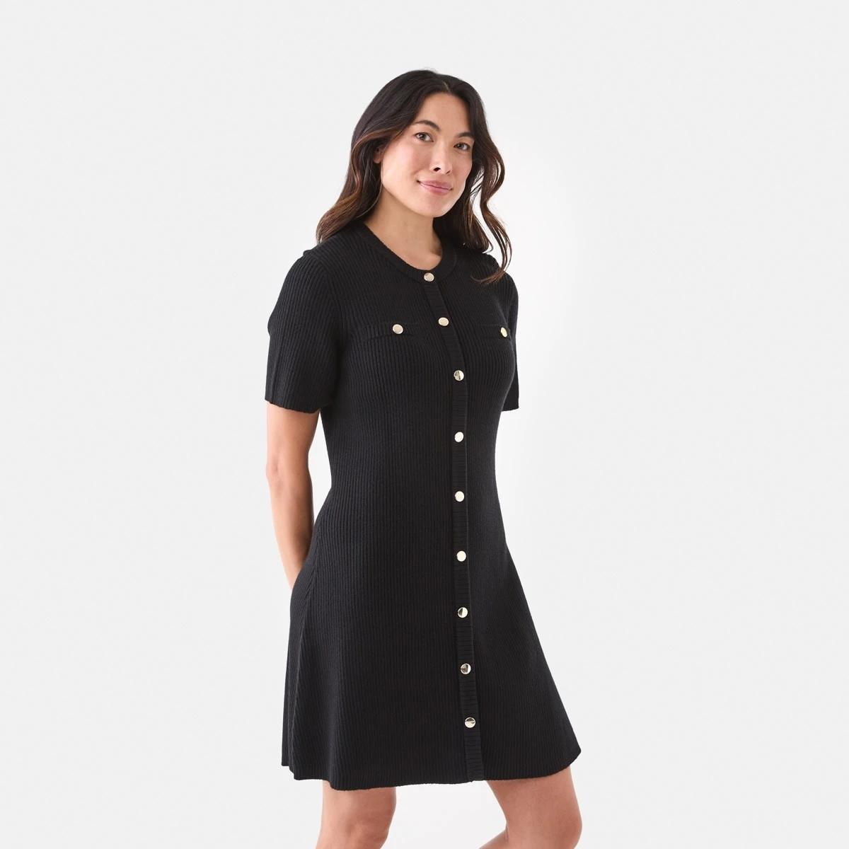 2 Short Sleeve Button Detail Knit Mini Dress Black, 2 of 6