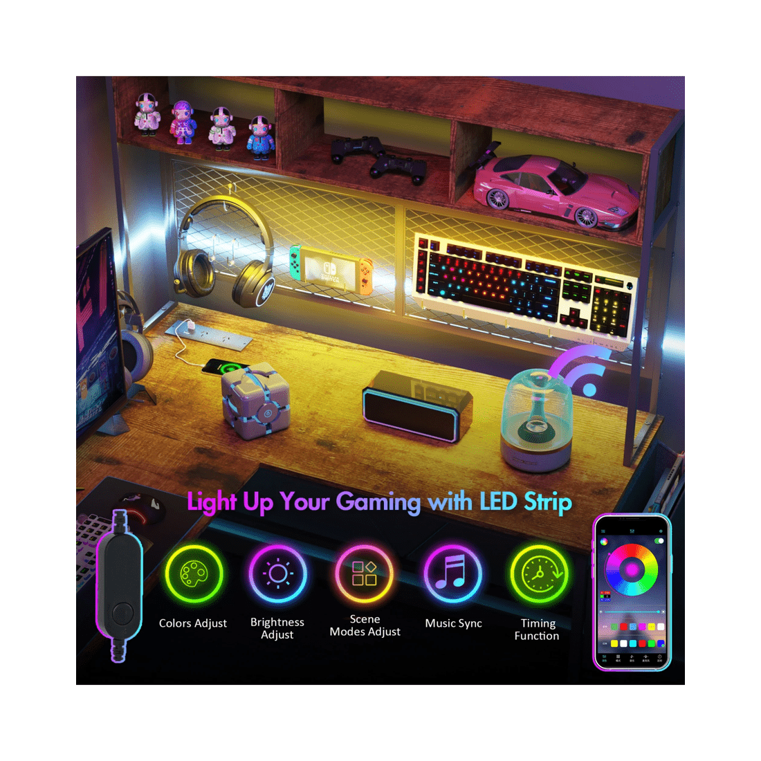 3 Advwin 170cm L Shaped Gaming Desk With Led Lights & Power Outlets Reversible Storage Shelf Computer Corner Desk Walnut, 3 of 10