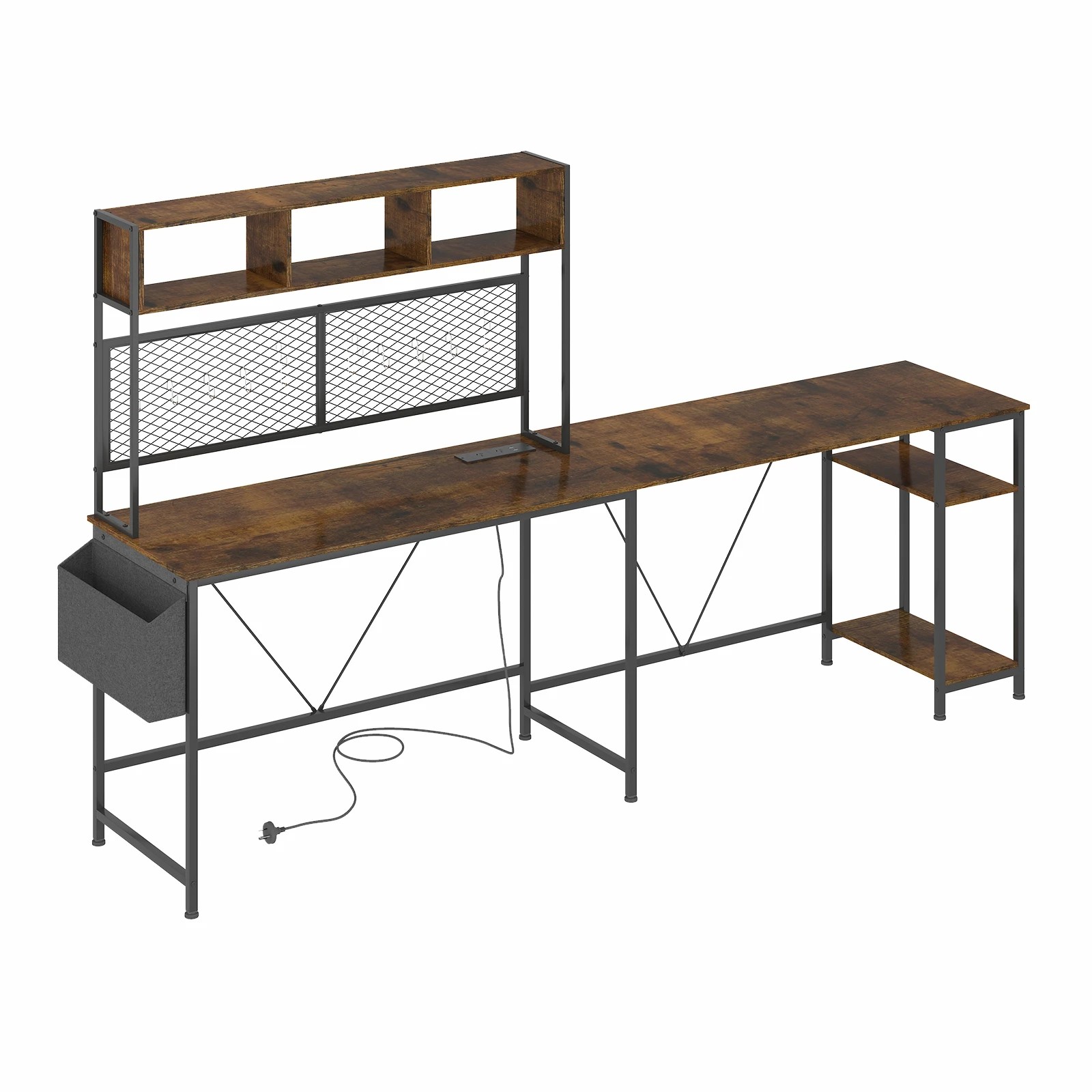 3 Advwin 170cm L Shaped Gaming Desk With Led Lights & Power Outlets Reversible Storage Shelf Computer Corner Desk Walnut, 3 of 10