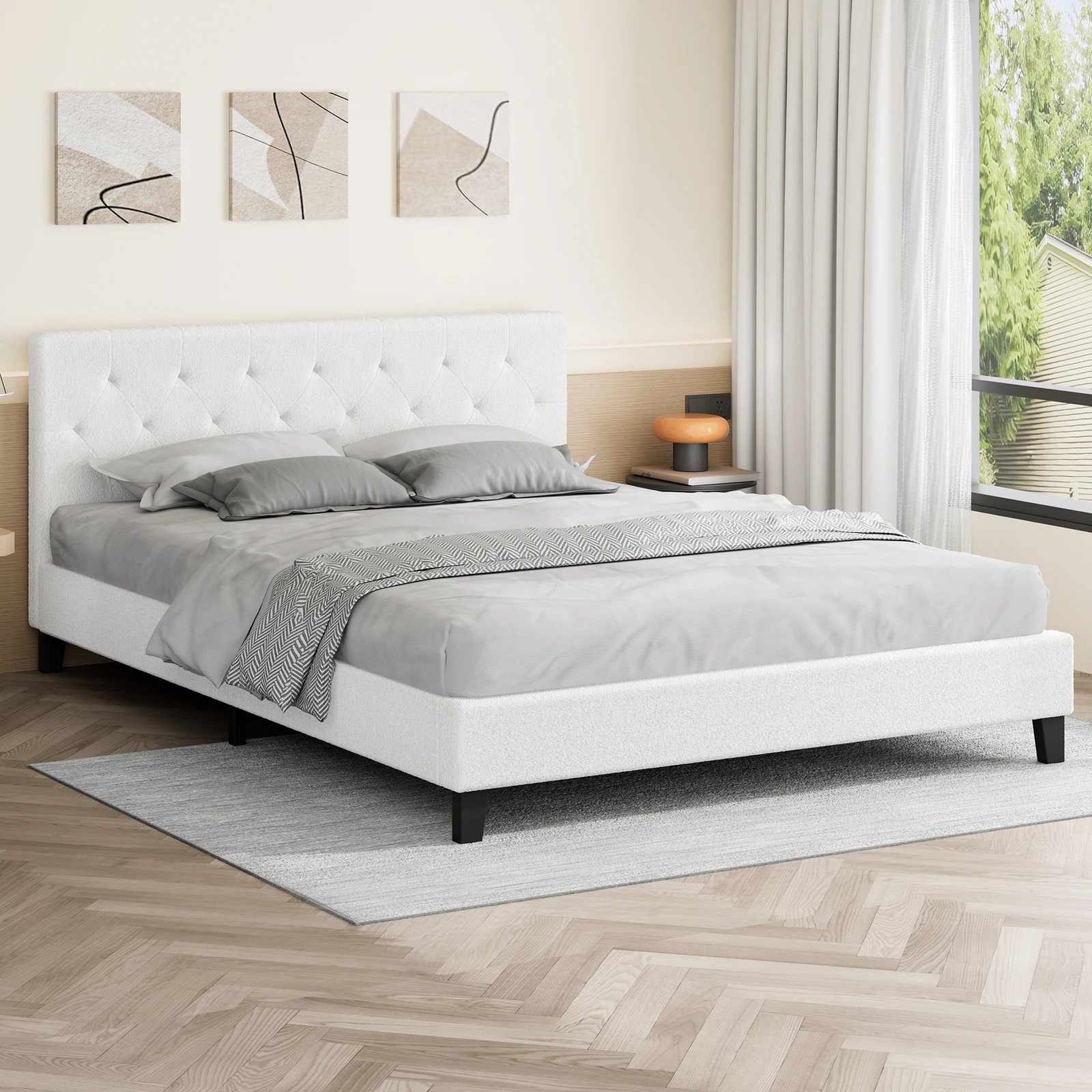 2 Alfordson Bed Frame Queen Size Wooden Base Platform Boucle Madelyn - White, 2 of 10