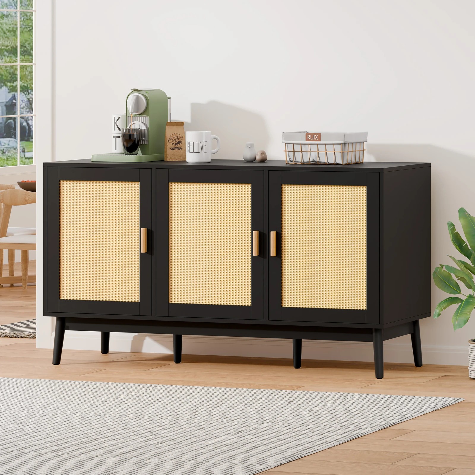 2 Alfordson Buffet Sideboard 3 Doors Cupboard Cabinet Storage Rattan Pantry - Black, 2 of 9