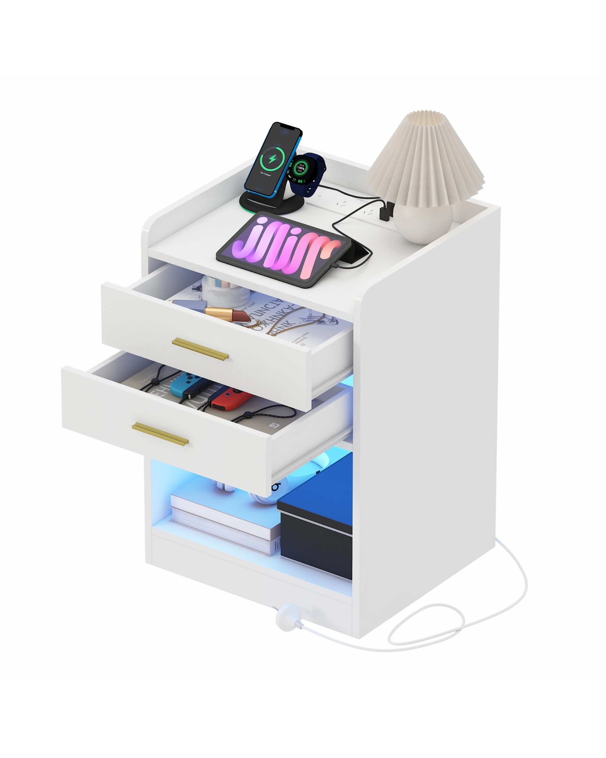 6 Advwin LED 2x Bedside Table with Charging Station 2 Drawers Nightstand - White, 6 of 8