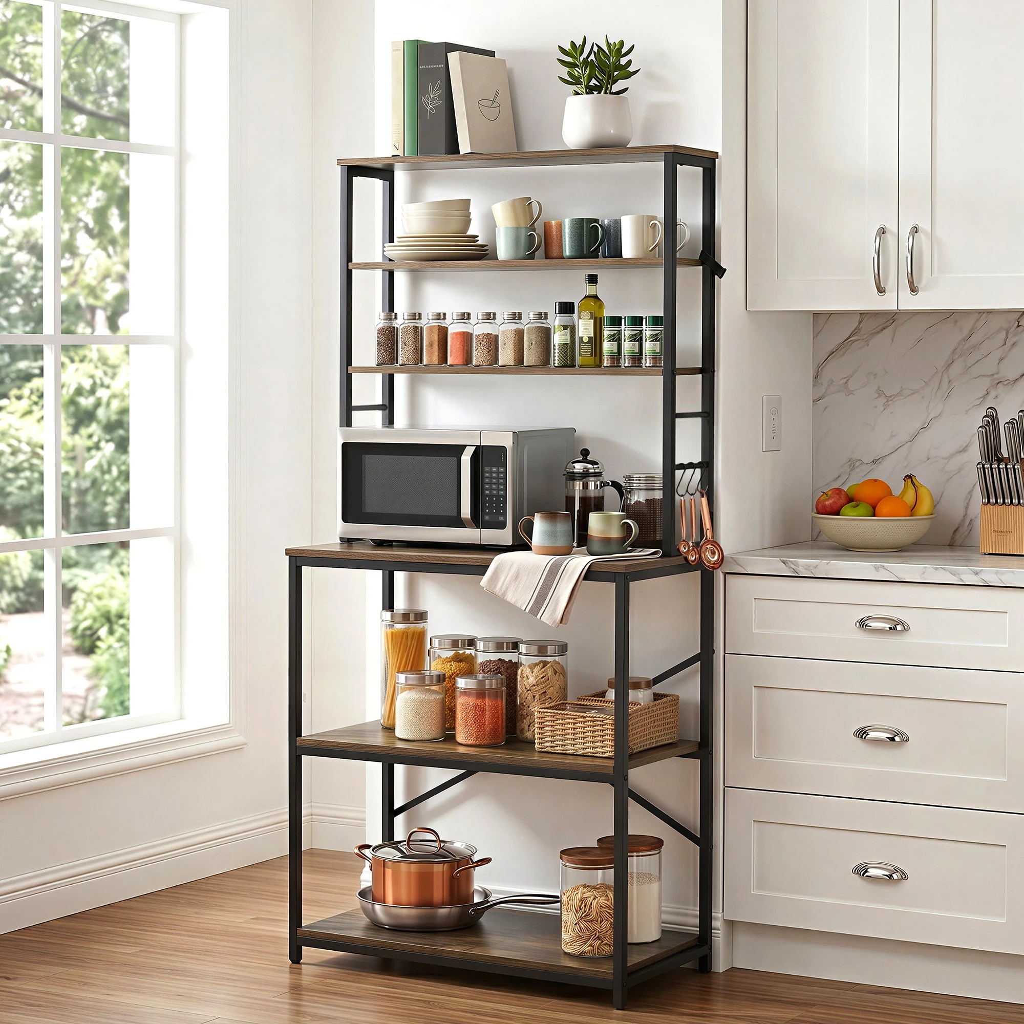 8 Artiss 6-Tier Kitchen Rack with 6 Hooks Microwave Metal Storage Shelf 80cm x 167cm - Brown, 8 of 9