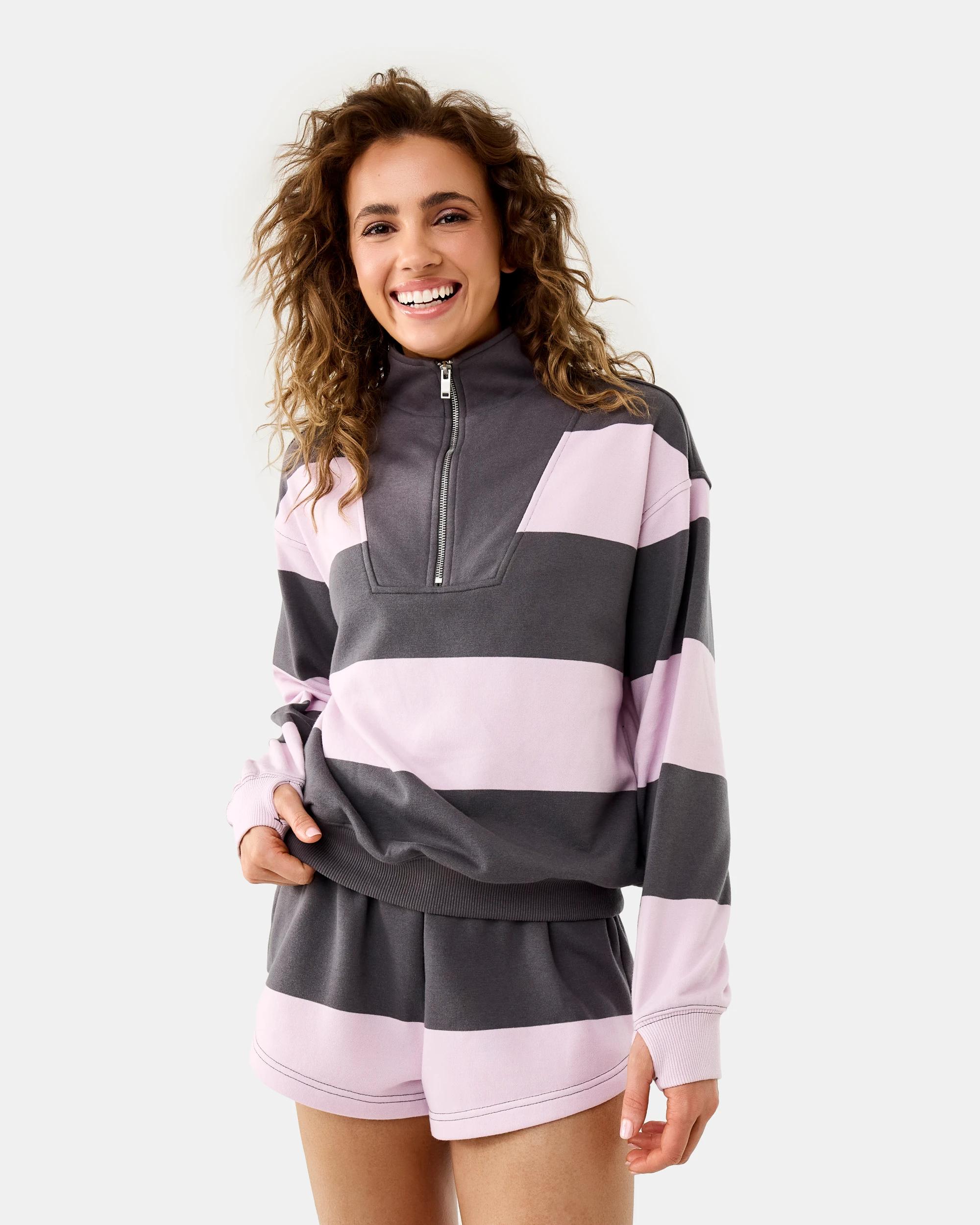 1 Funnel Neck Quarter Zip Sweatshirt Stripe, 1 of 10