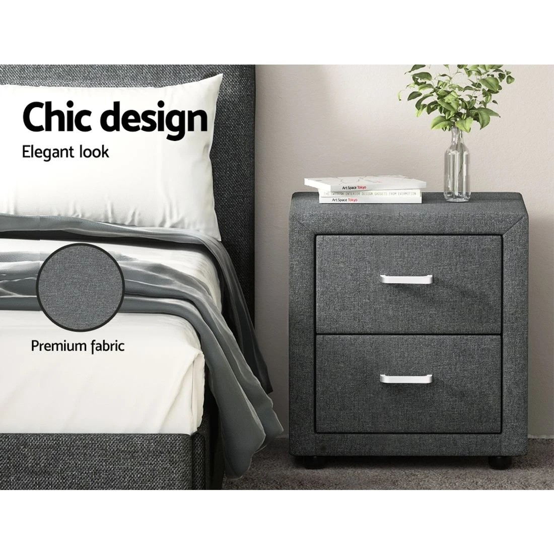 5 Artiss Bedside Table 2 Drawers Fabric - Grey, 5 of 10