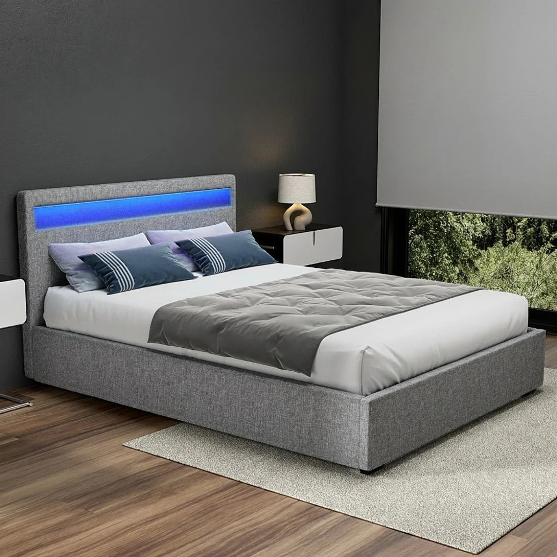 5 Artiss Bed Frame Queen Size LED Gas Lift - Grey, 5 of 10