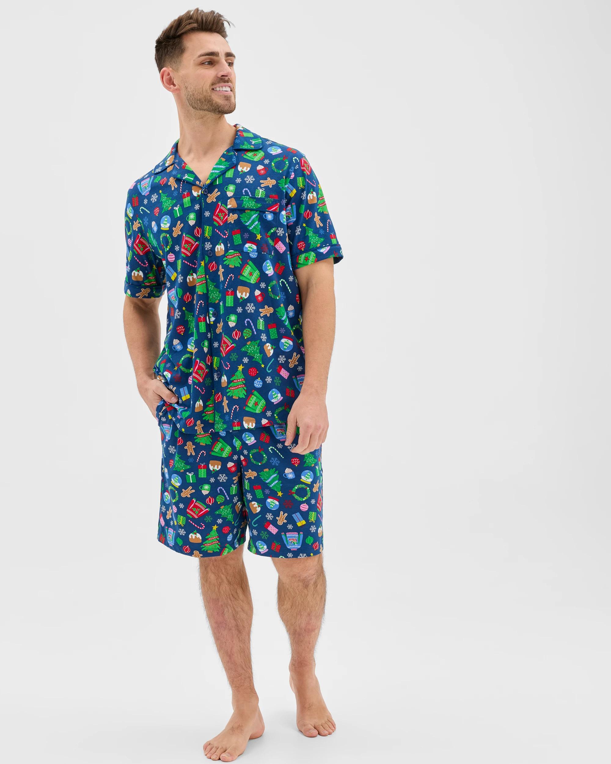 1 Maxx Australian Cotton Short Sleeve Top & Shorts Christmas Pyjama Set BLUE CHRISTMAS MULTI ICON, 1 of 7