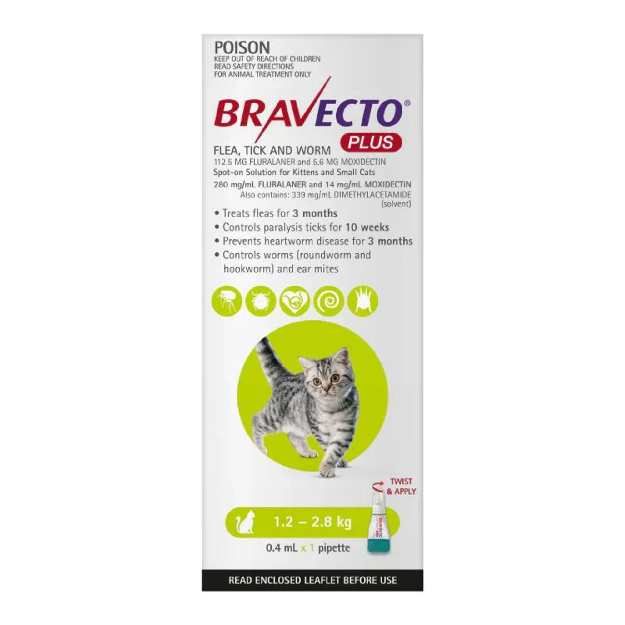 1 Bravecto Spot On Cat Sml 1.2kg - 2.8kg Green, 1 of 1