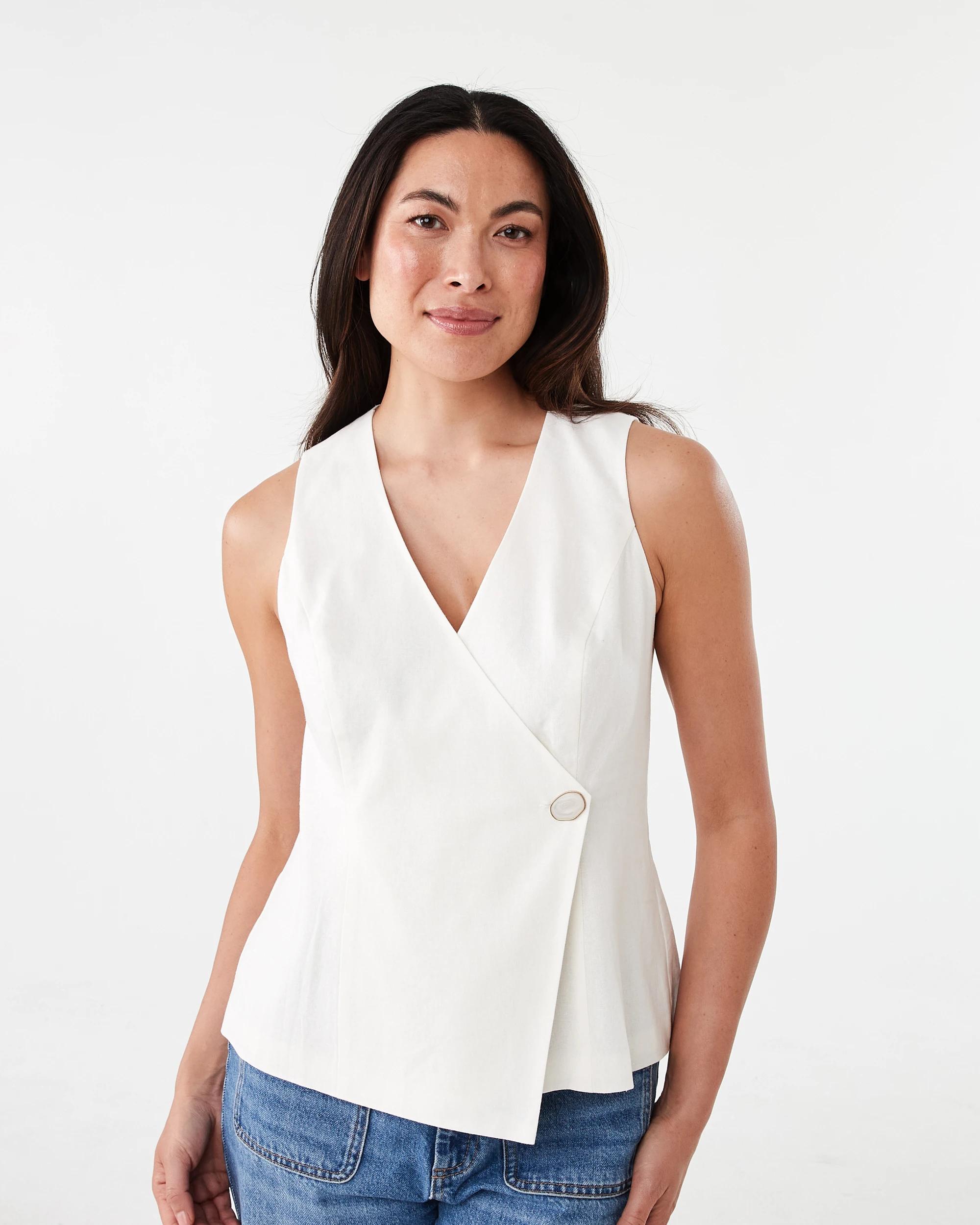 1 Sleeveless Wrap Linen Blend Waistcoat Cld White, 1 of 6