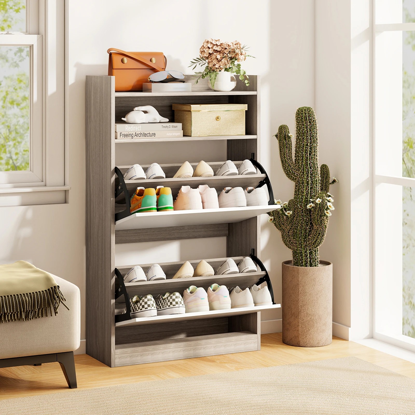 2 Costway 2 Flip Drawers Shoe Storage Cabinet Hidden Wooden Shoe Rack Shoe Organiser - Grey, 2 of 4