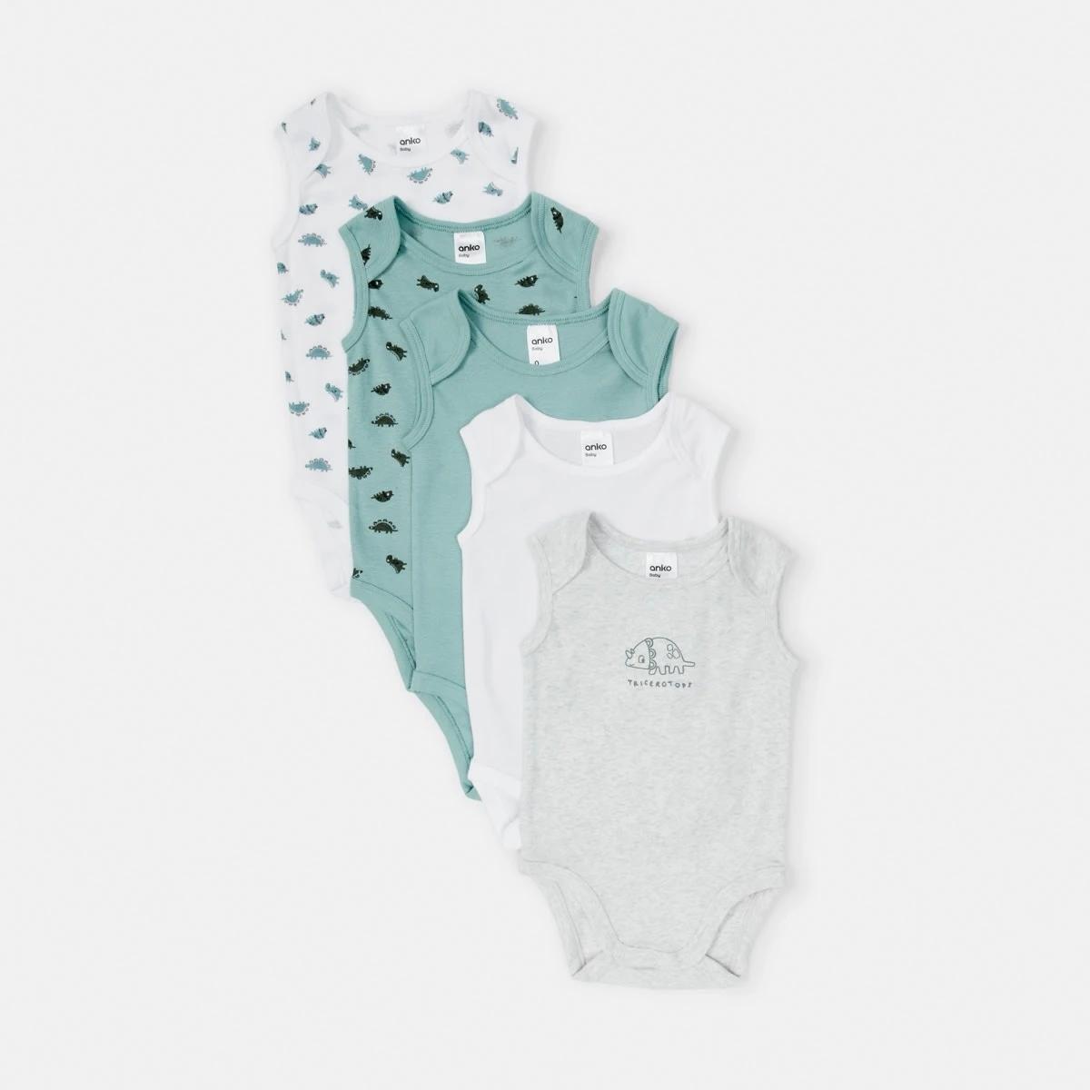 1 5 Pack Sleeveless Bodysuits Dino, 1 of 10