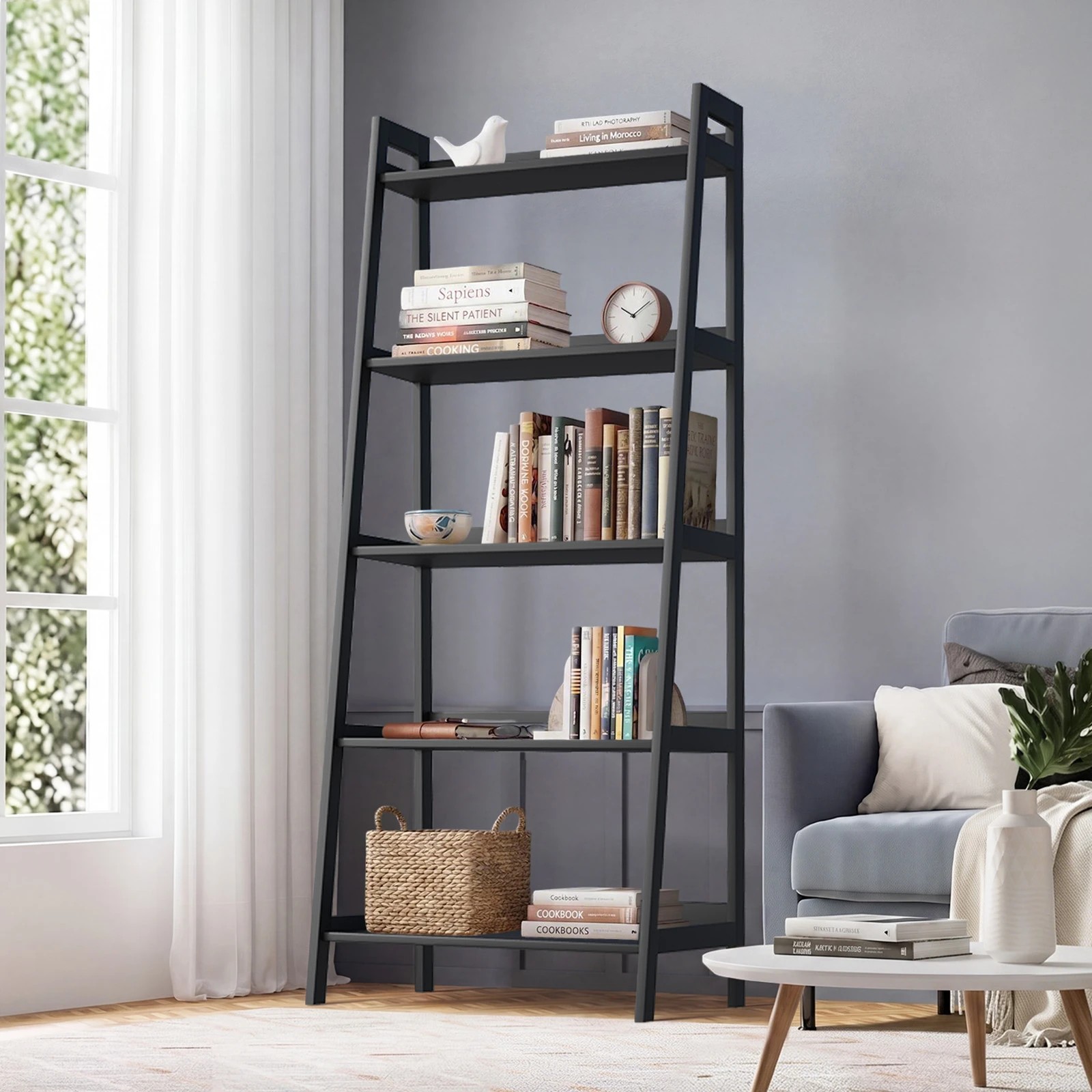 2 Oikiture Bookshelf 5 Tier Corner Ladder Shelf Home Storage Display Rack - Black, 2 of 8
