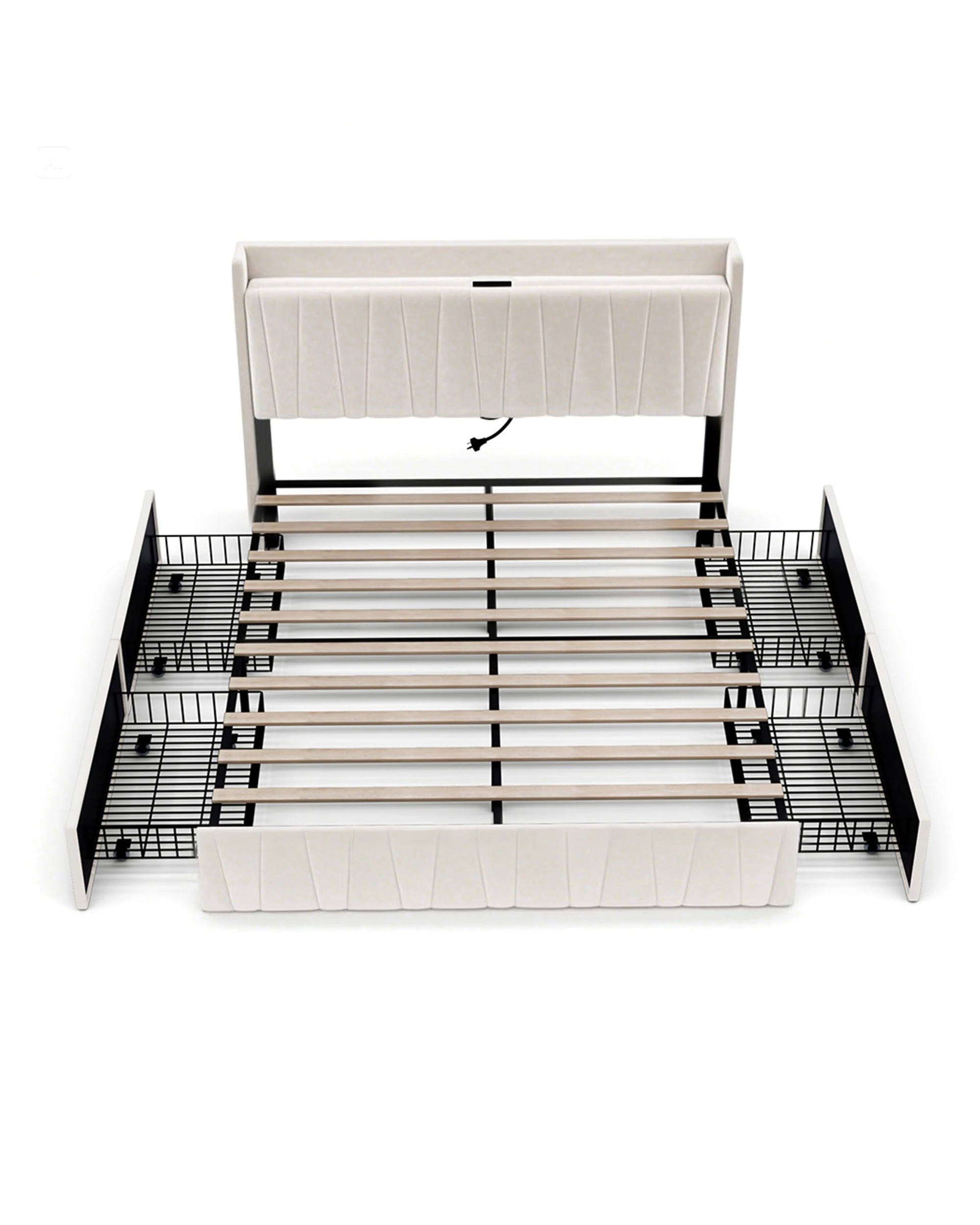 1 Advwin Queen Bed Frame With 4 Storage Drawers & Charging Station Biege, 1 of 7