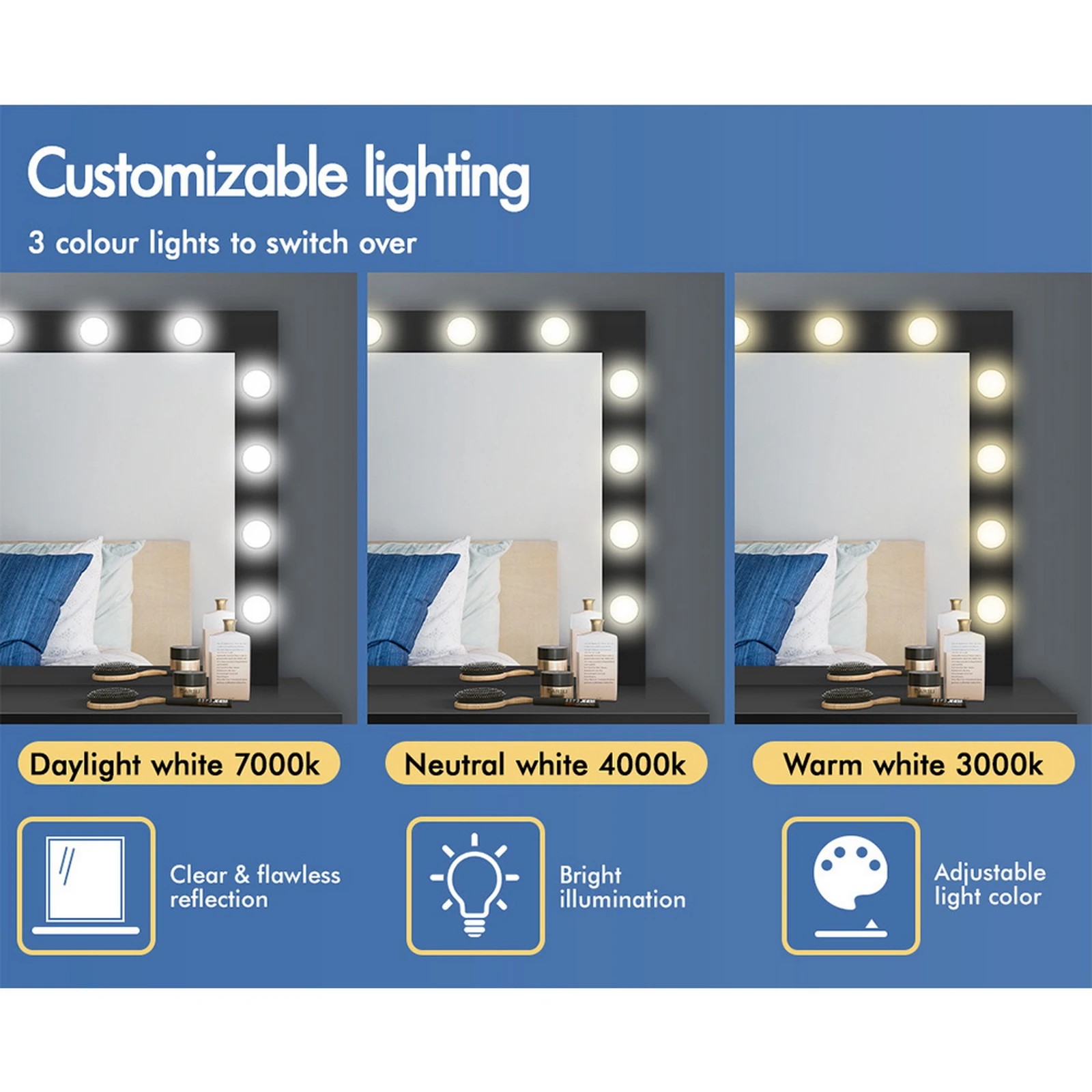 4 Alfordson Dressing Table Stool Set Makeup Mirror Desk LED 12 Bulbs - Black, 4 of 10