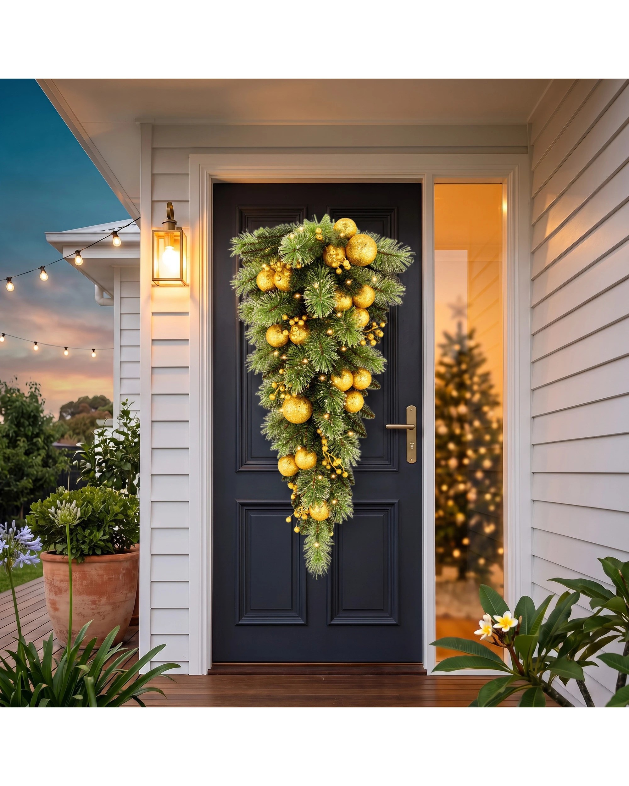 6 Christabelle 90cm Gold Christmas Teardrop Wreath Pre Lit Warm White LED Timer Baubles Berries Front Door Xmas Decoration, 6 of 10
