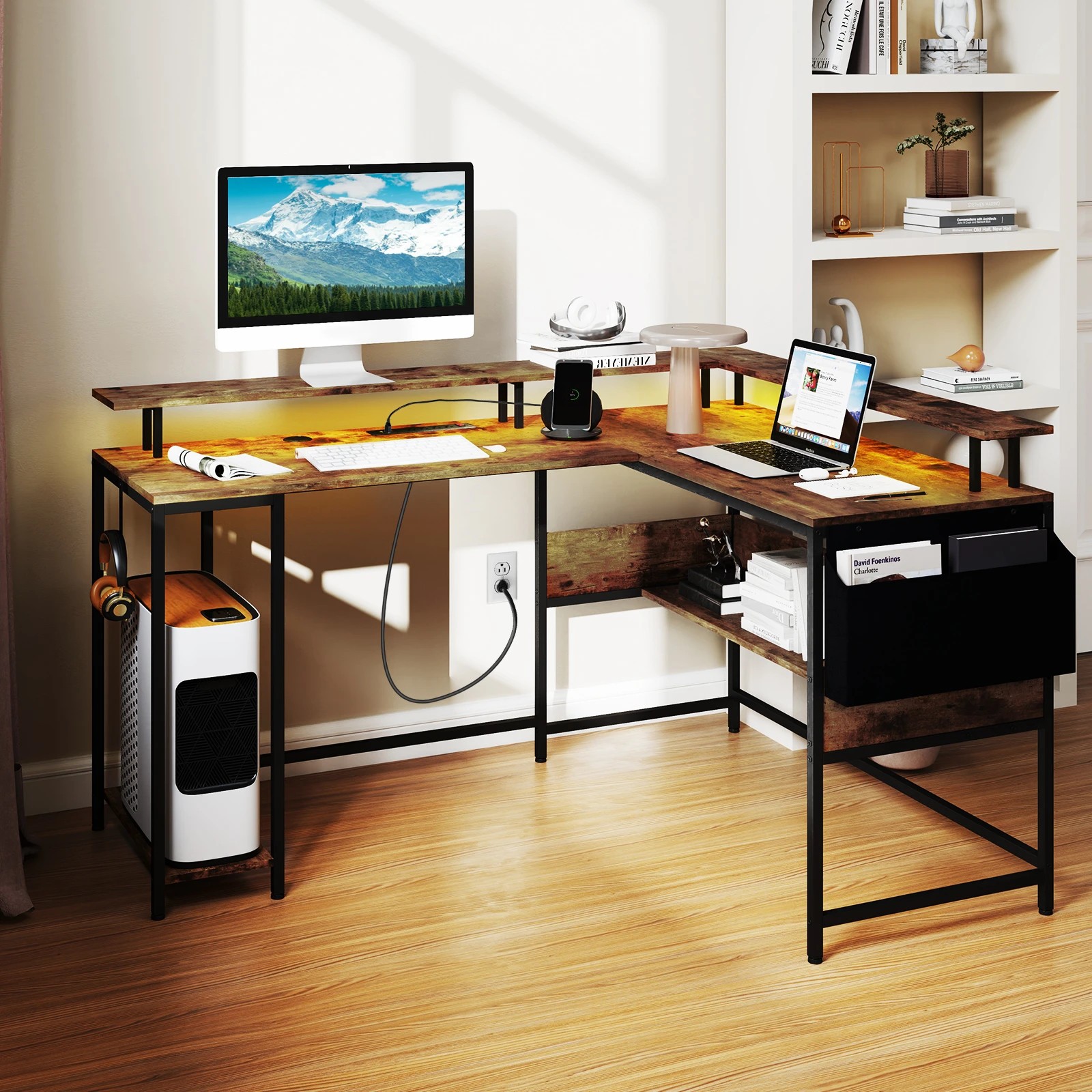 3 Costway L-Shaped Gaming Desk w/LED Lights & Power Outlets Office Computer Desk, 3 of 3