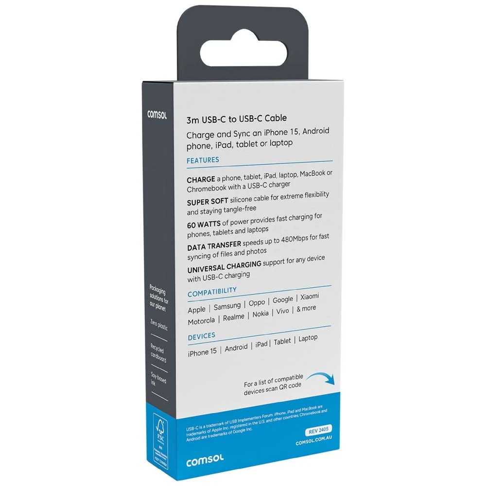 3 Comsol Silicone USB-C Cable 3m Black, 3 of 4