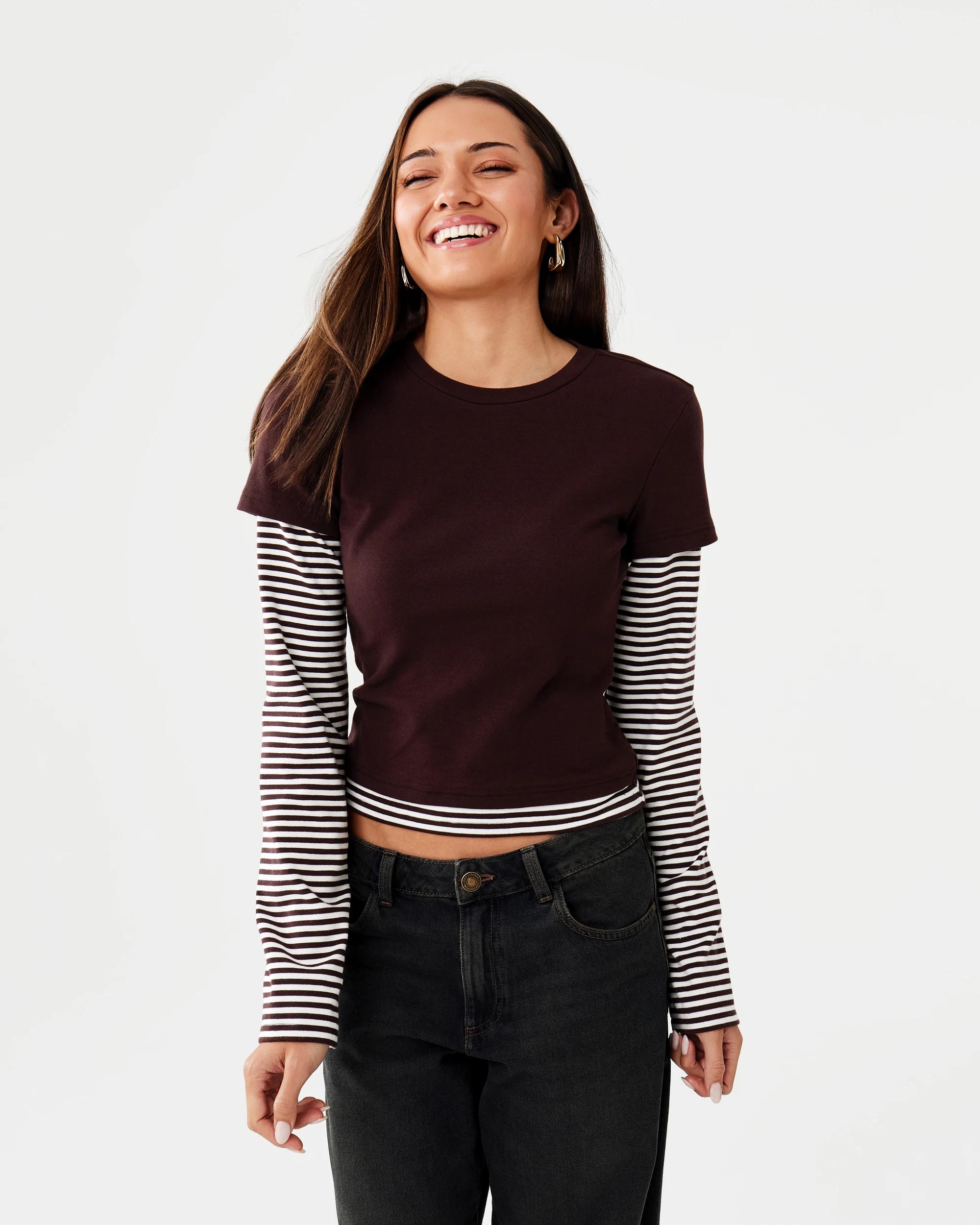 1 Long Sleeve Double Layer Top Choc Plum, 1 of 8