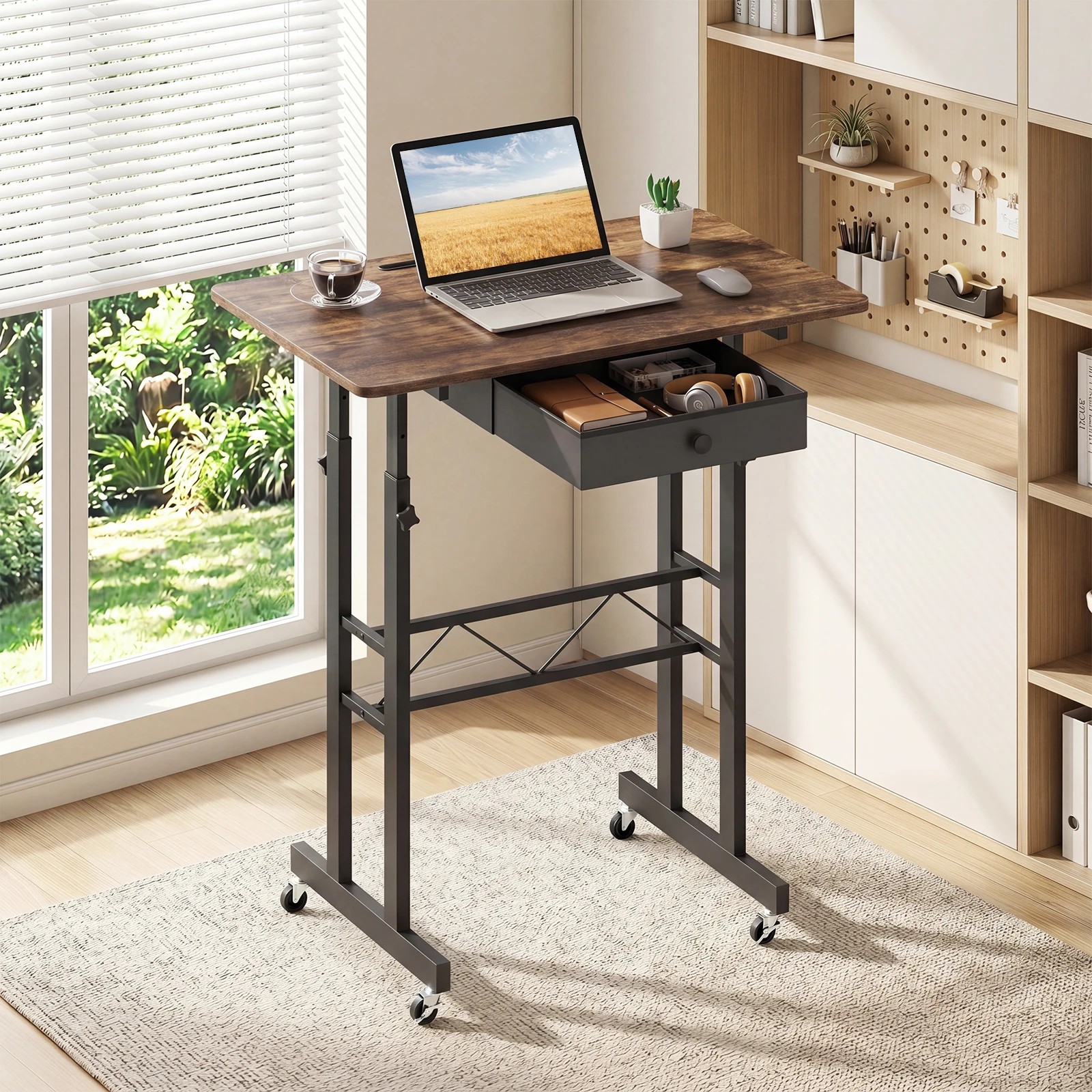 4 Costway Mobile Standing Desk Adjustable Sit Stand Laptop Desk w/Fabric Drawer - Brown, 4 of 6