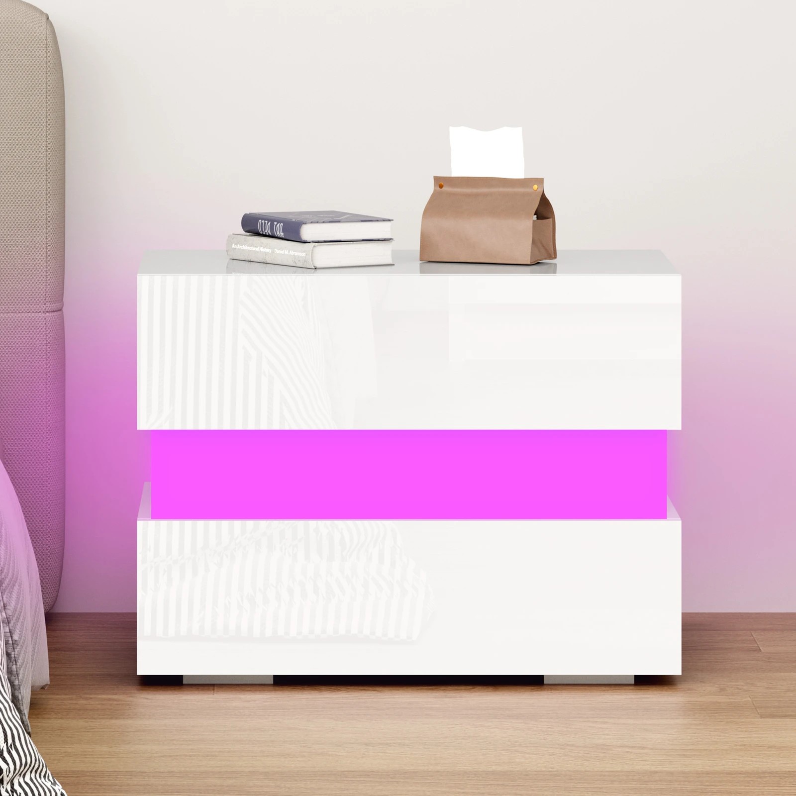 6 Alfordson Bedside Table RGB LED Nightstand 2 Drawers 4 Side High Gloss - White, 6 of 10