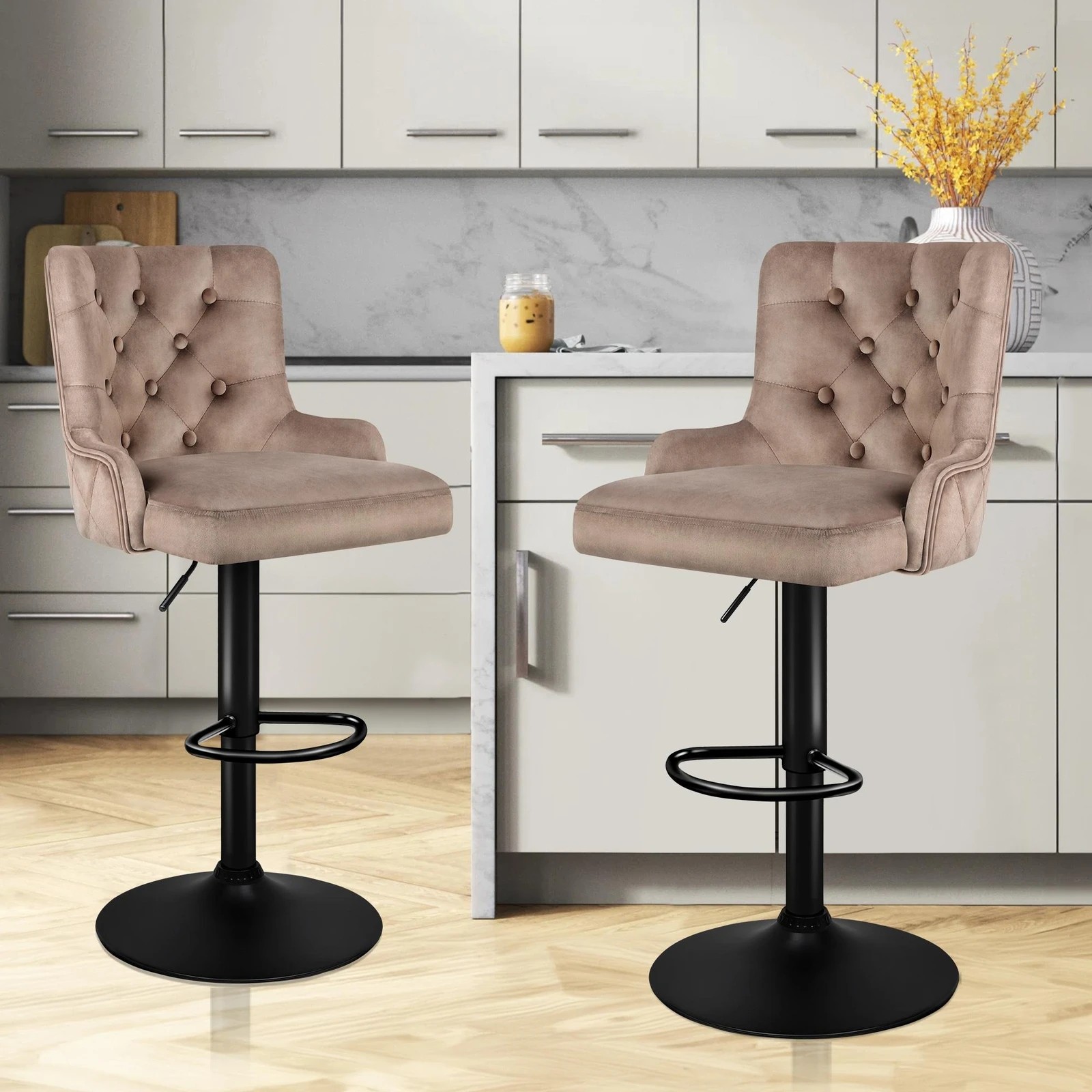 2 Alfordson 2x Bar Stools Gas Lift Velvet Bar Chairs Kitchen Swivel Bella - Brown, 2 of 9