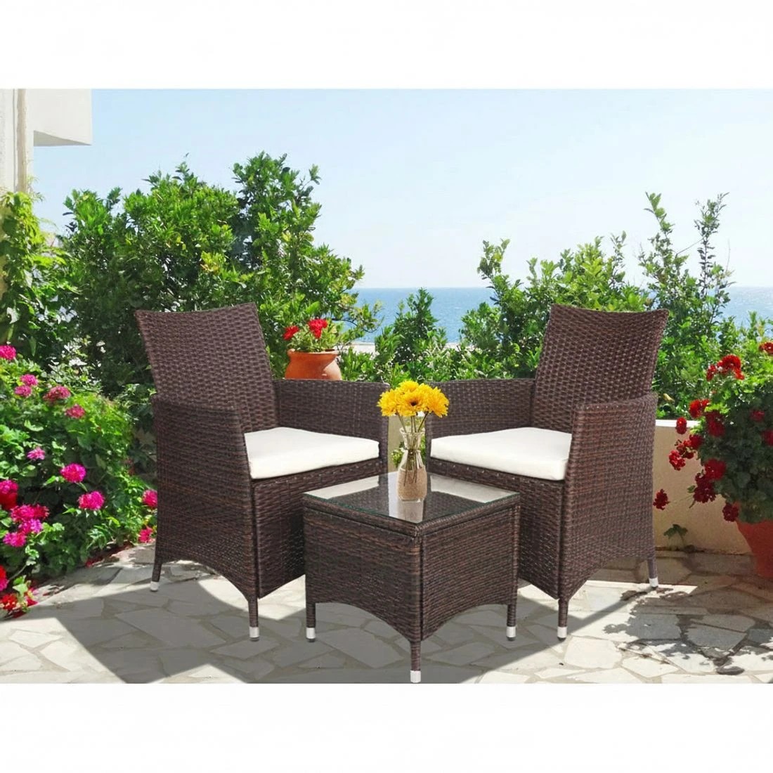 5 Gardeon 3PC Outdoor Bistro Set Patio Furniture Wicker Setting Chairs Table Cushion - Brown, 5 of 8