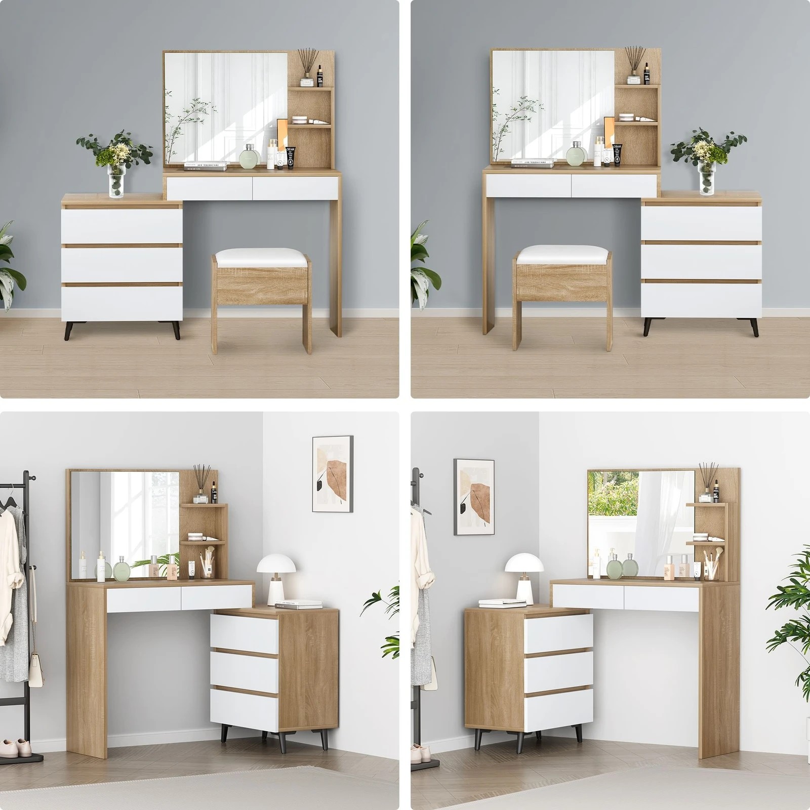 6 Alfordson Dressing Table Stool Set Makeup Mirror Desk Storage Drawers - Wood, 6 of 10