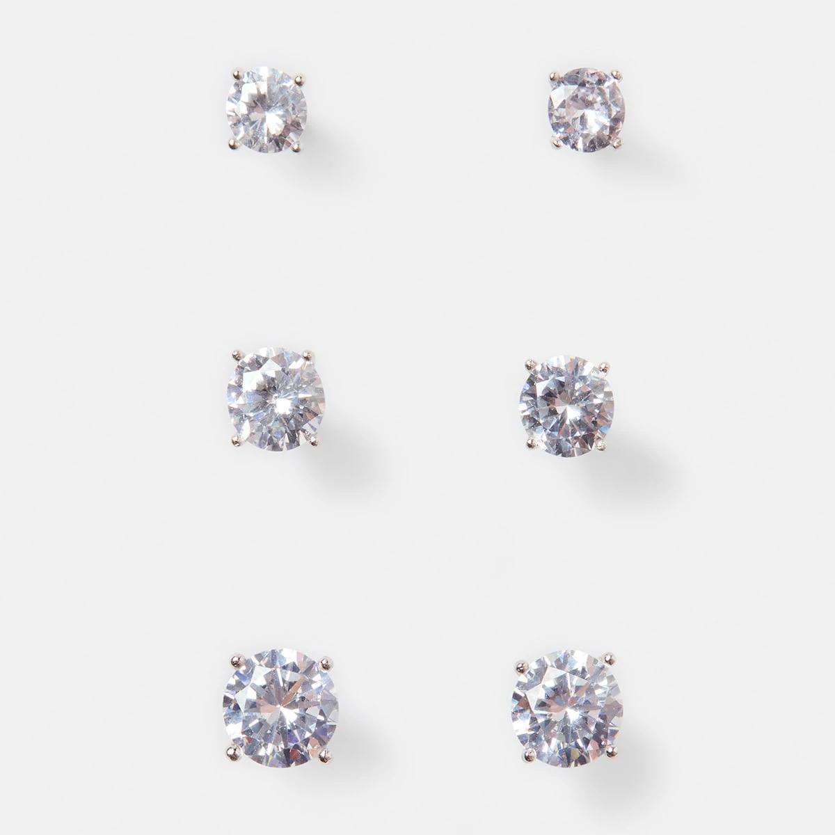 1 3 Pack Sterling Silver Diamante Stud Earrings Silver, 1 of 5